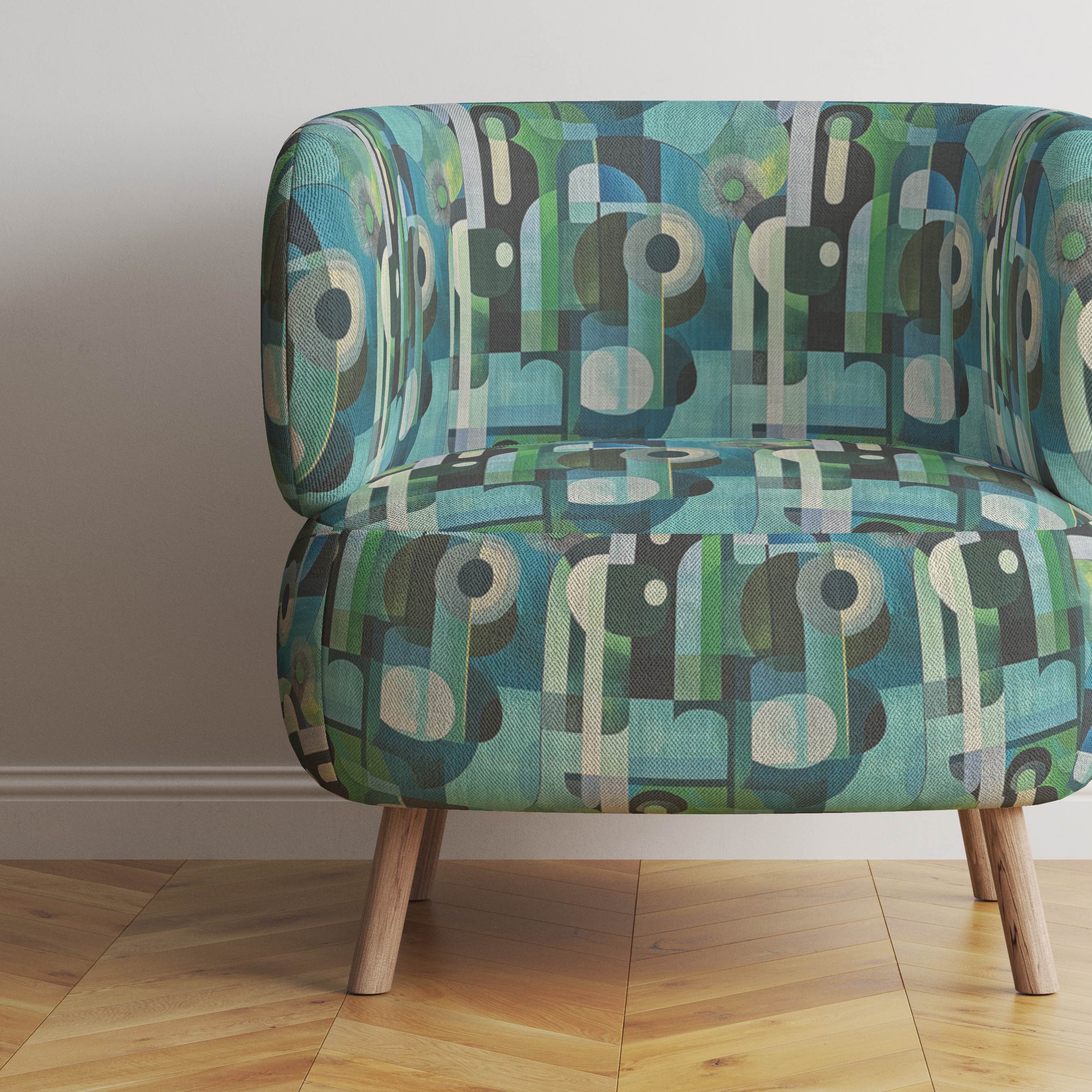 Populist No.14 upholstery fabric on curved mid-century chair in green and blue colour palette