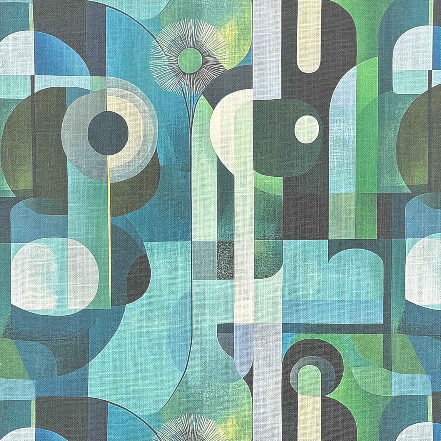 Detail view of Populist No.14 multicoloured upholstery fabric in teal, jade, and citron tones