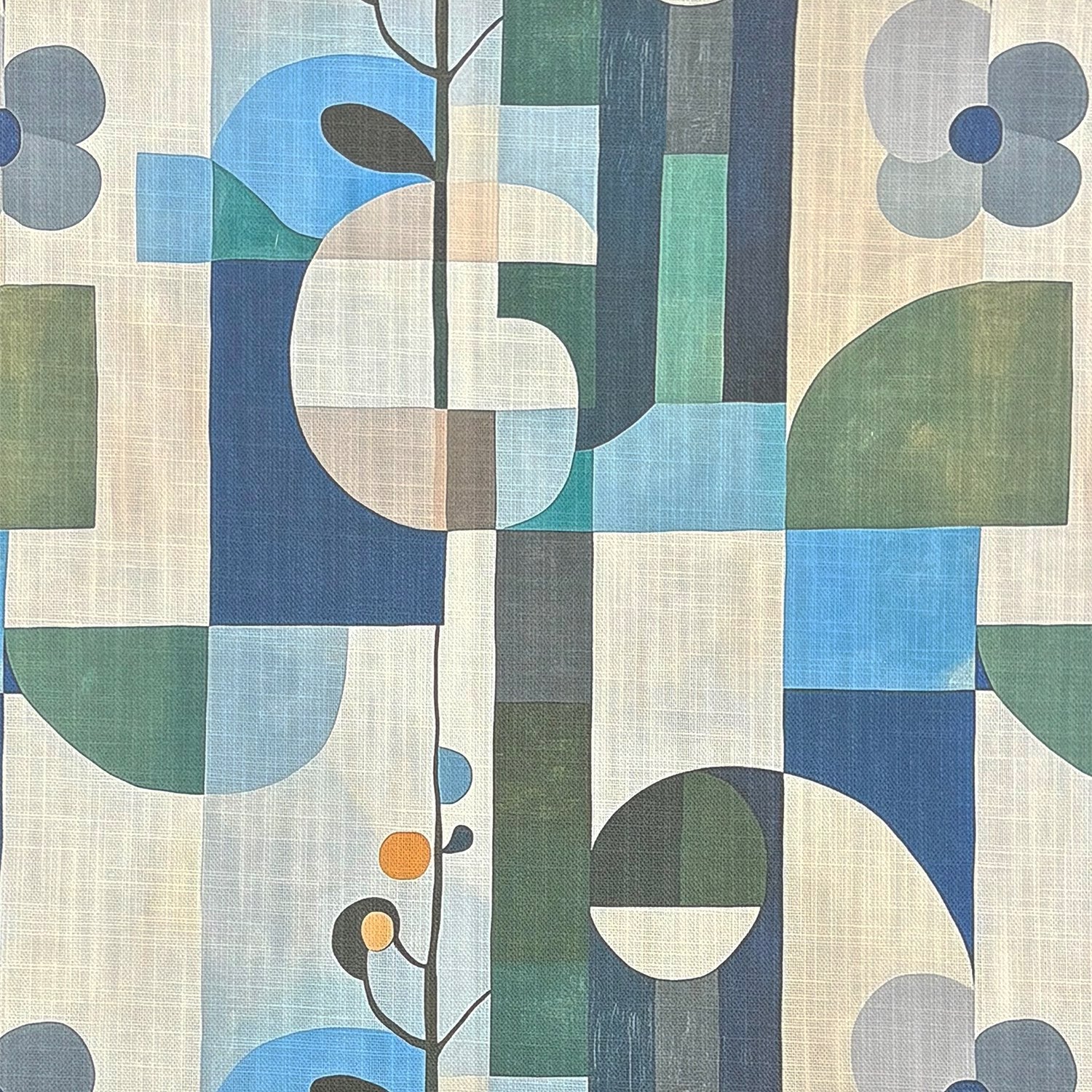 Close-up of Populist No.15 upholstery fabric – painterly geometric floral print in blue and green