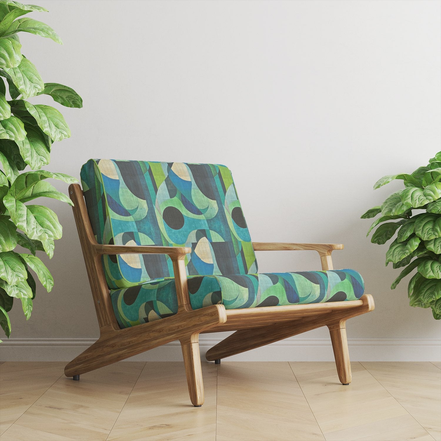 Upholstered armchair in Populist No.16 green and blue abstract upholstery fabric
