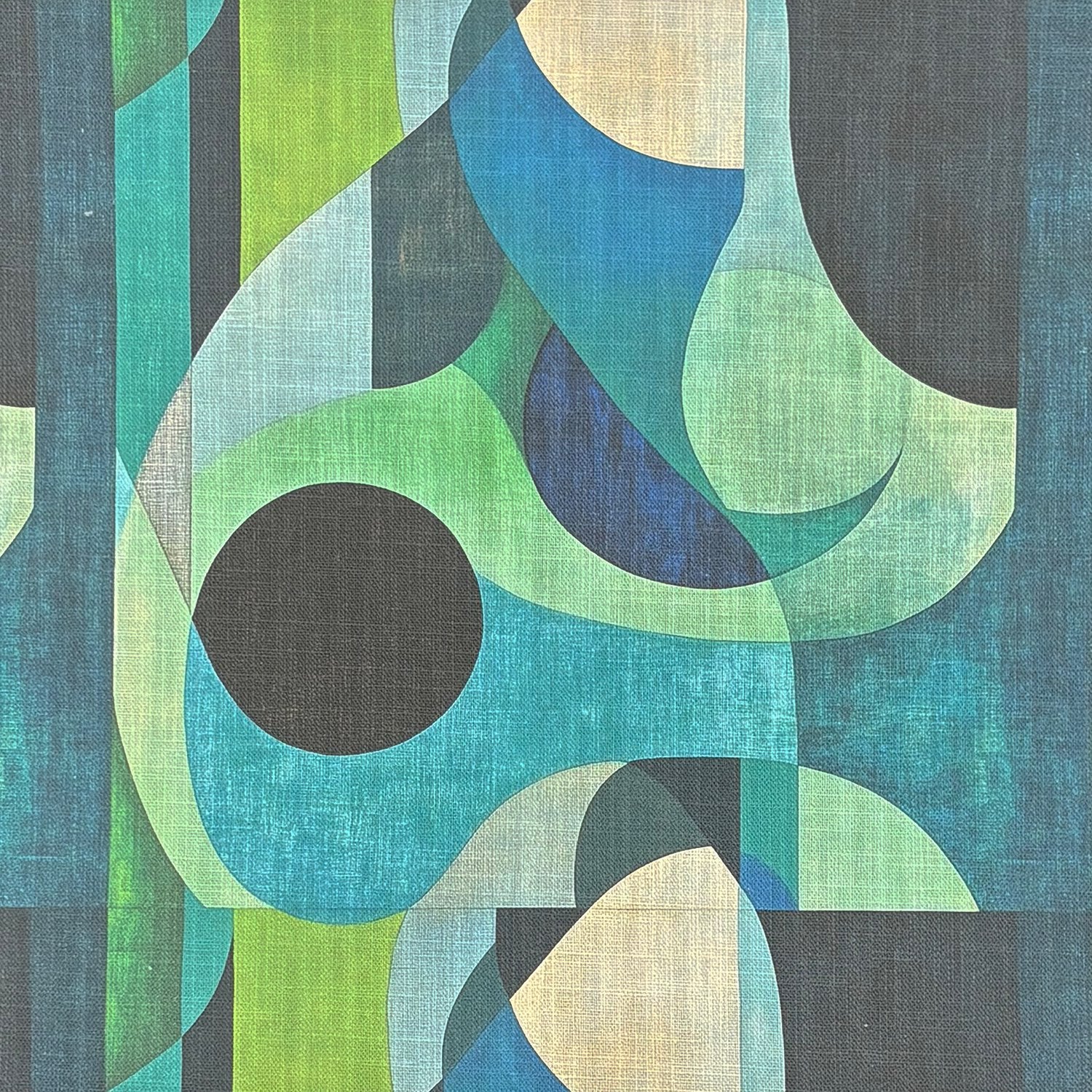 Close-up of Populist No.16 graphic green and blue patterned upholstery fabric