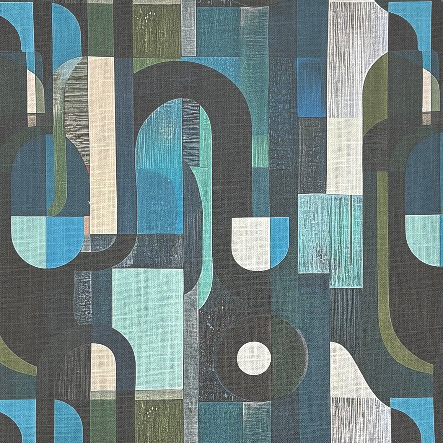  Flat lay of Populist No.17 multicoloured upholstery fabric with arches and blocks in teal, blue, and ivory