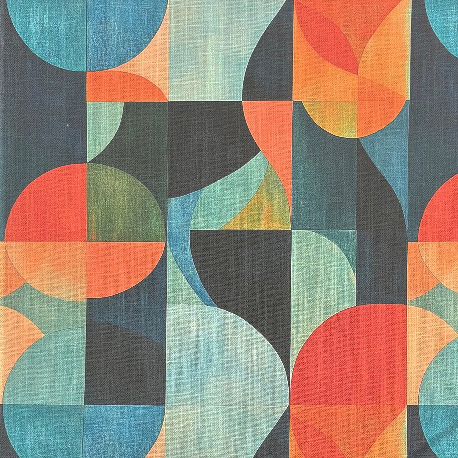 Close-up of Populist No.6 geometric patterned upholstery fabric in orange, teal, and blue tones