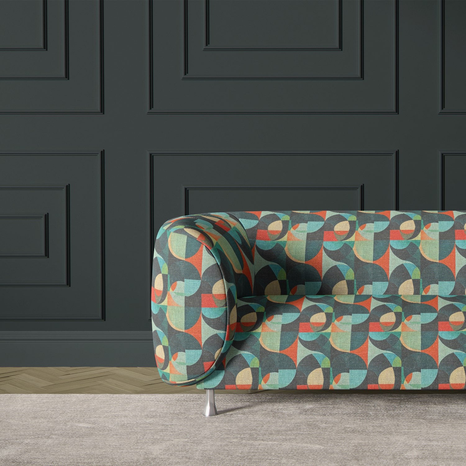 Upholstery fabric armchair in blue and multicoloured Populist No.8 pattern – retro-modern interior