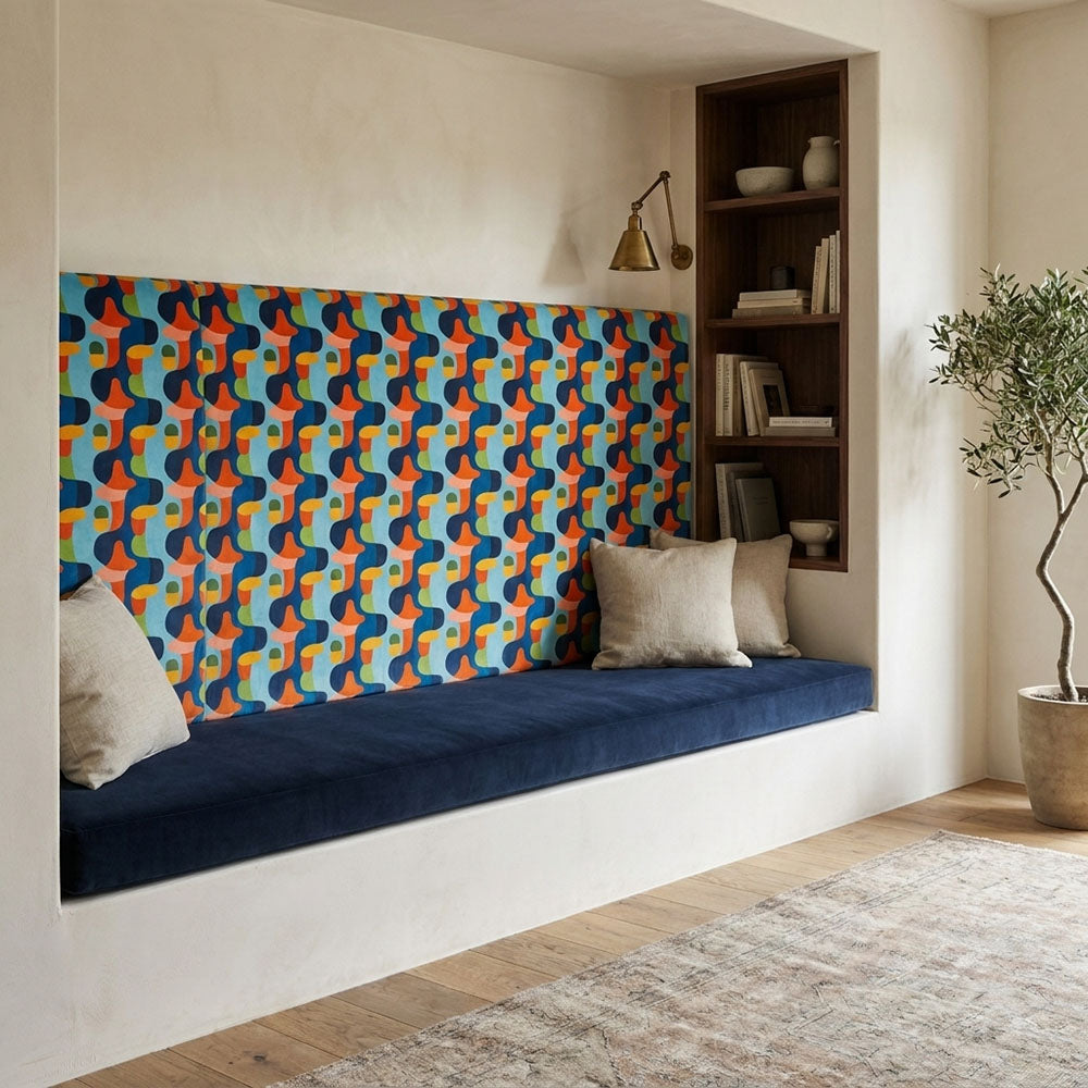 Populist No.10 Crib5 commercial upholstery velvet shown on a colourful bench for statement interiors