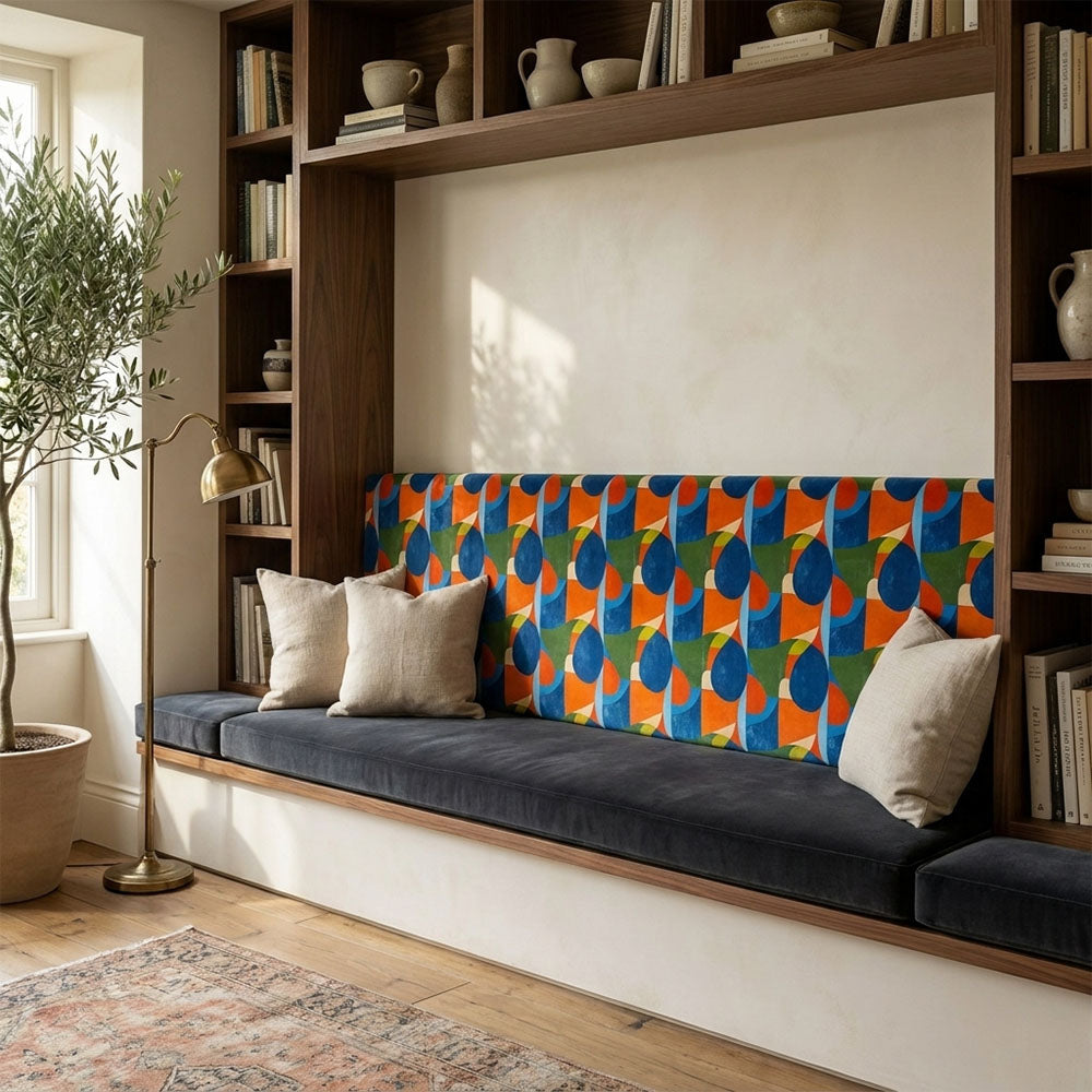 Populist No.11 Crib5 velvet fabric upholstered on a warm toned bench for contract seating