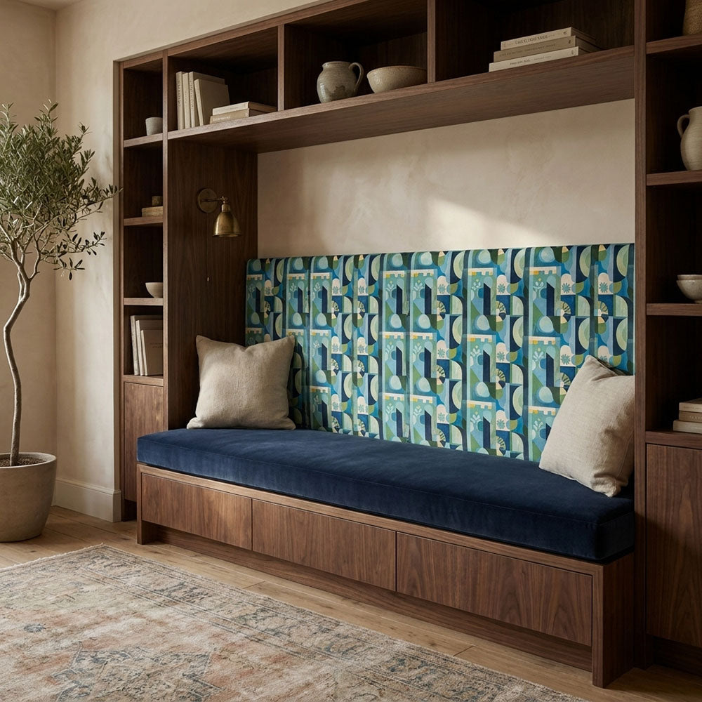 Populist No.13 Crib5 commercial upholstery velvet shown on cool toned bench seating