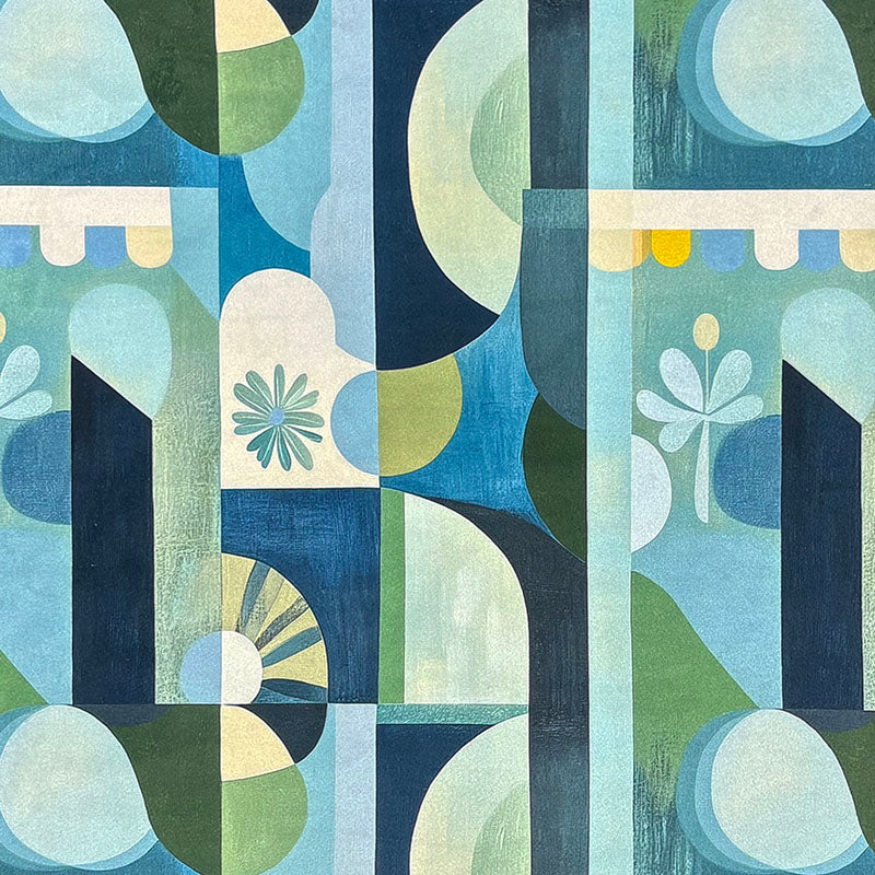 Blue green Populist No.13 Crib5 velvet fabric flat lay with teal geometric print for upholstery