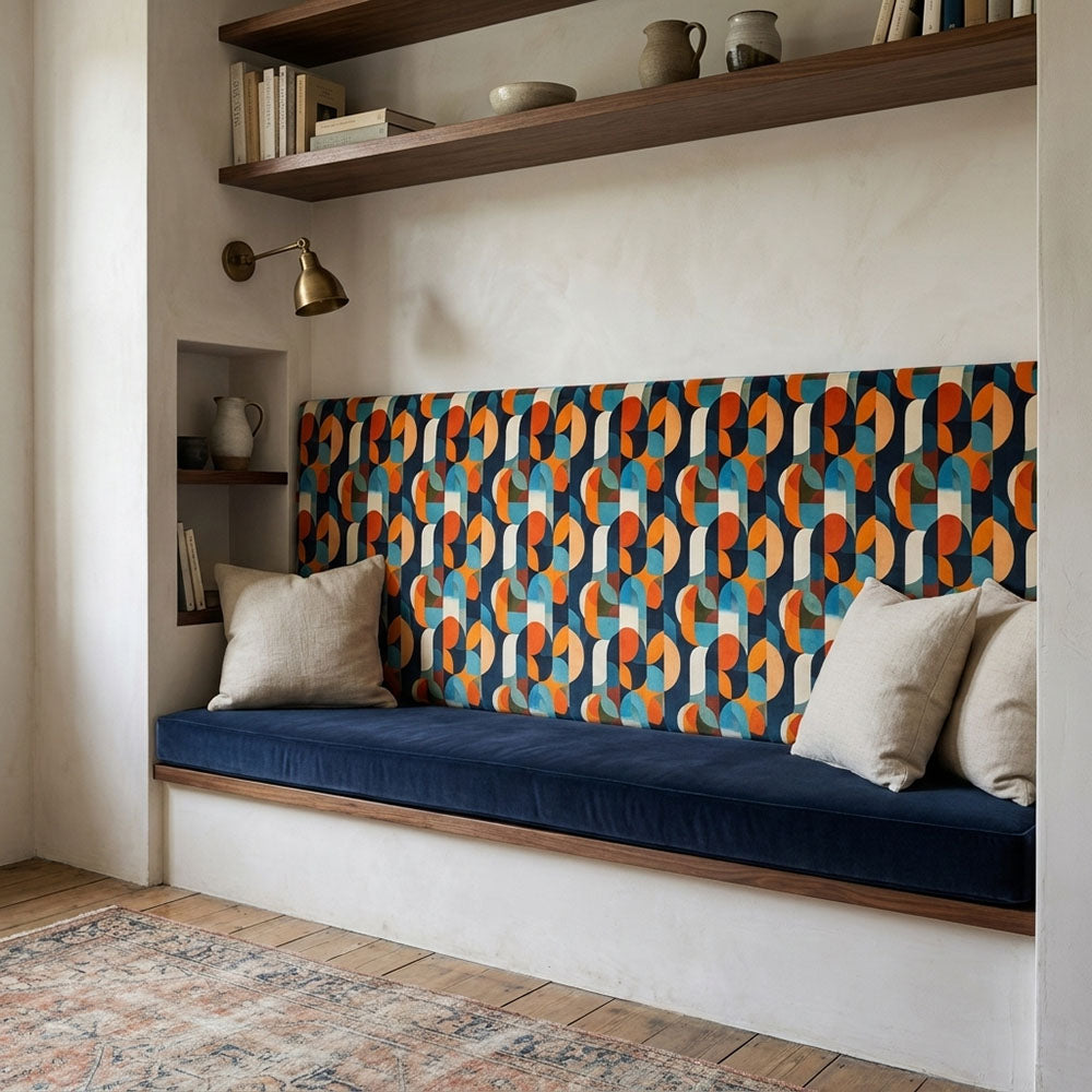 Populist No.5 orange Crib5 commercial upholstery velvet displayed on a statement bench