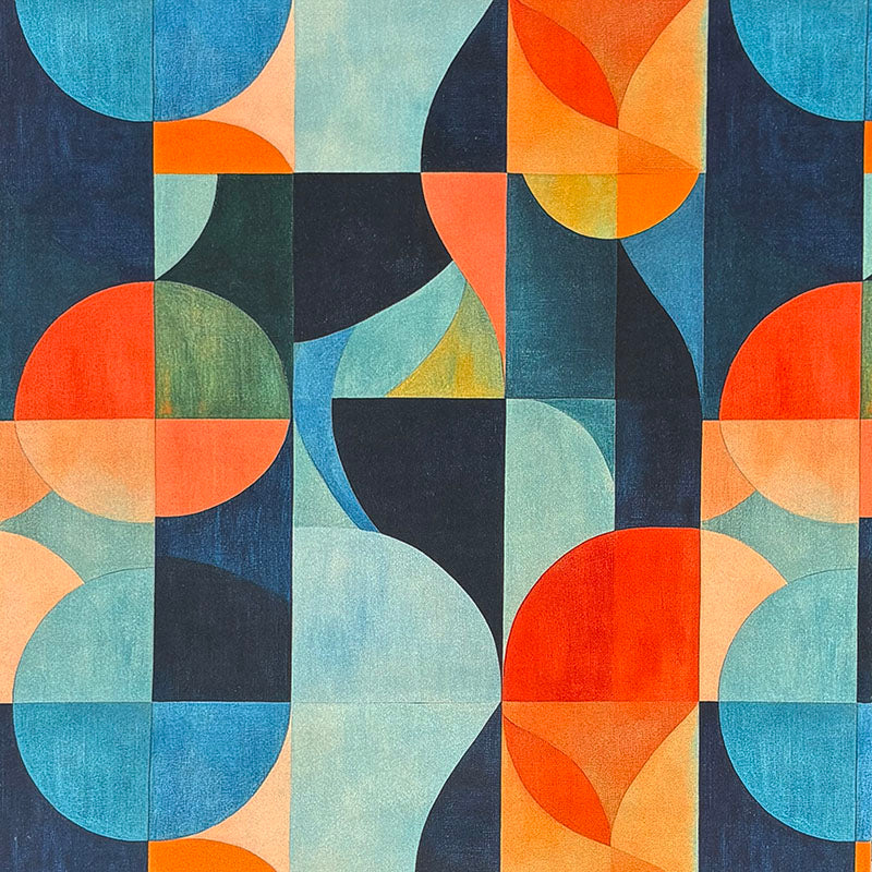 Teal blue and orange Populist No.6 Crib5 velvet fabric with bold printed upholstery pattern