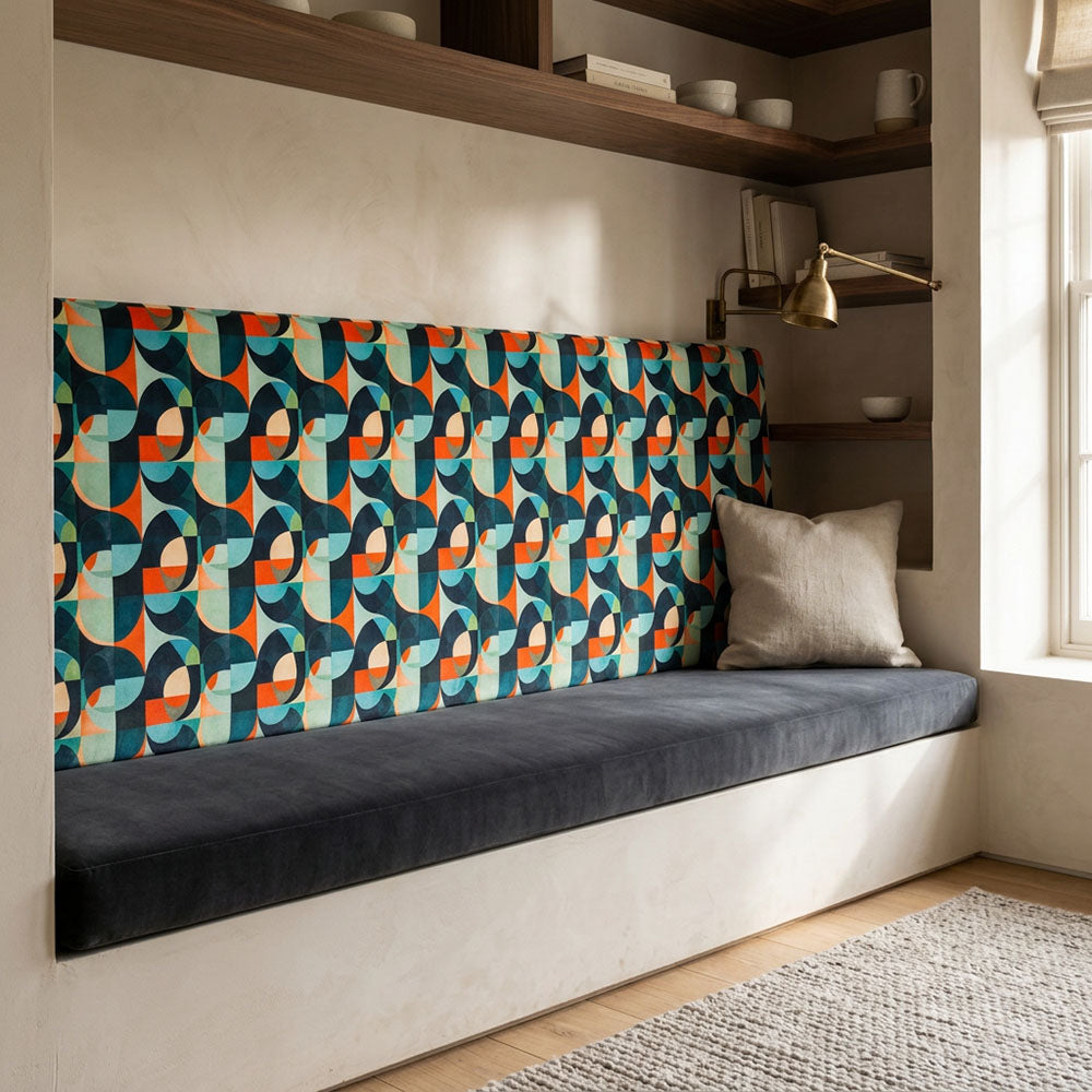 Populist No.8 blue teal Crib5 commercial velvet shown on an upholstered bench for designer interiors