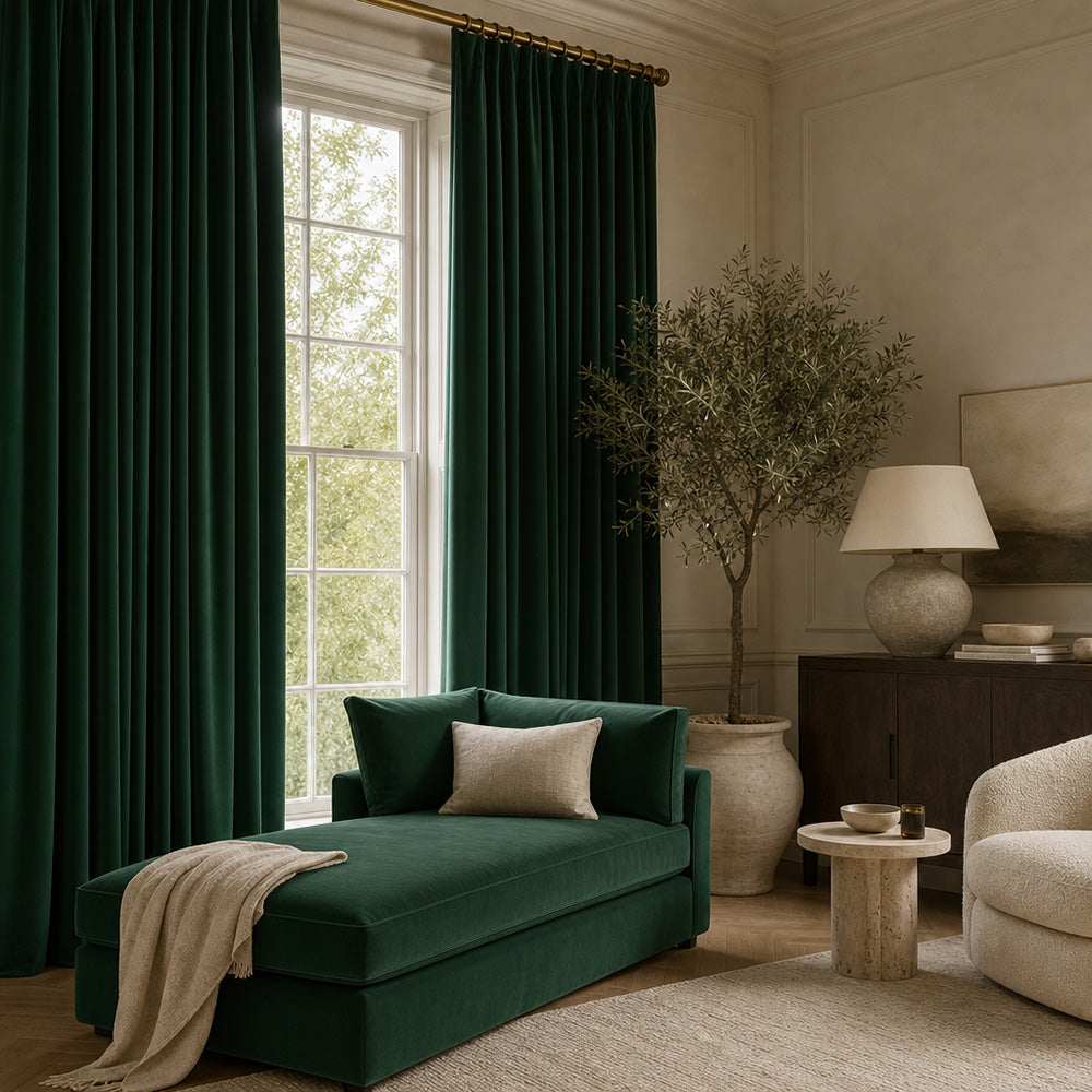 Portafino Pine Needle velvet curtain and upholstery fabric featuring luxurious deep forest green velvet curtains paired with a matching upholstered chaise longue in a contemporary living room
