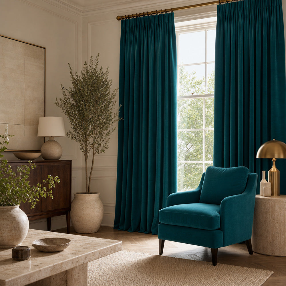 Portafino Teal Blue velvet curtain and upholstery fabric featuring luxurious teal blue velvet curtains with a matching upholstered accent chair in a contemporary interior