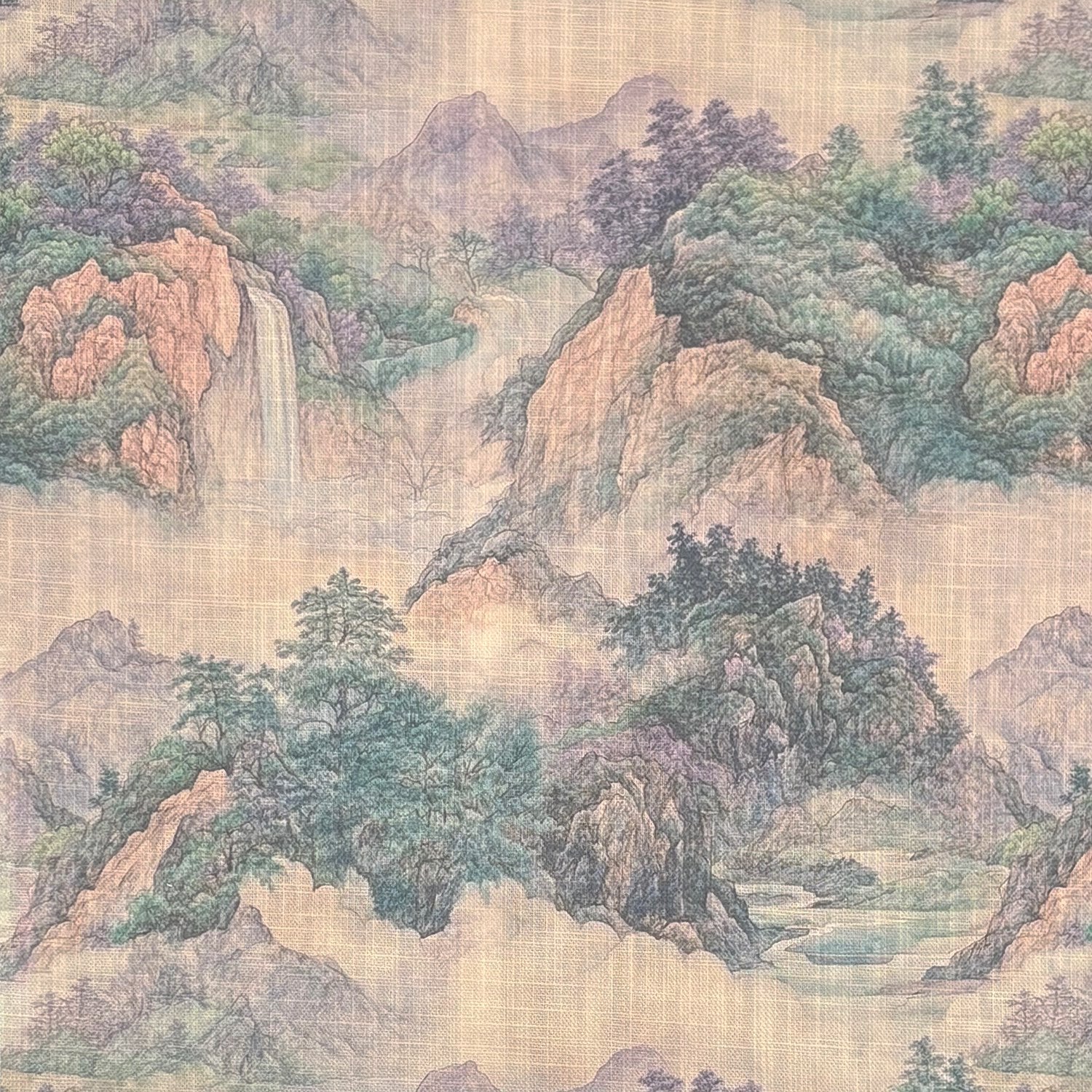 Scenic No.10 Flat – Flat lay of Scenic No.10 showcasing violet, teal and earthy mountain landscape pattern