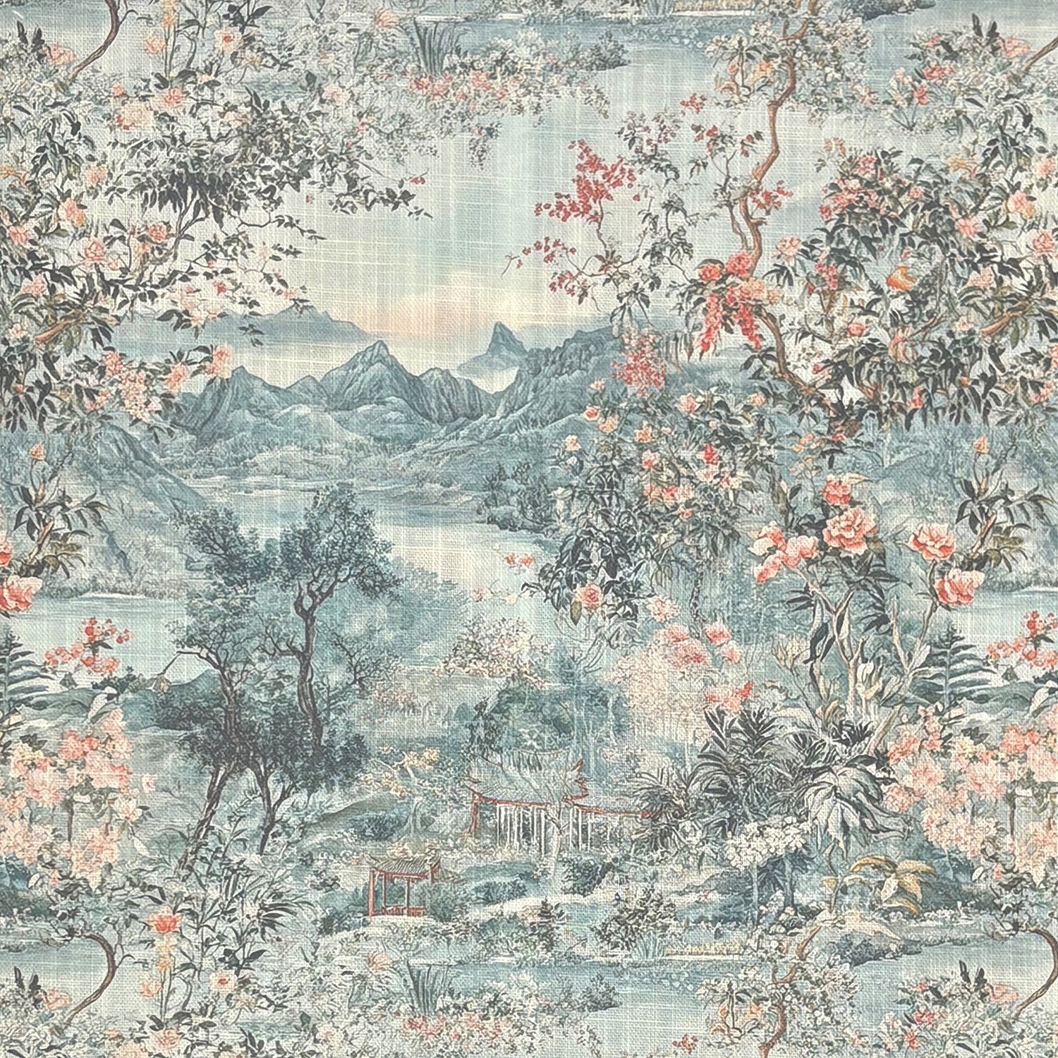 Scenic No.11 flat fabric – Chinese-inspired teal and pink scenic pattern upholstery fabric