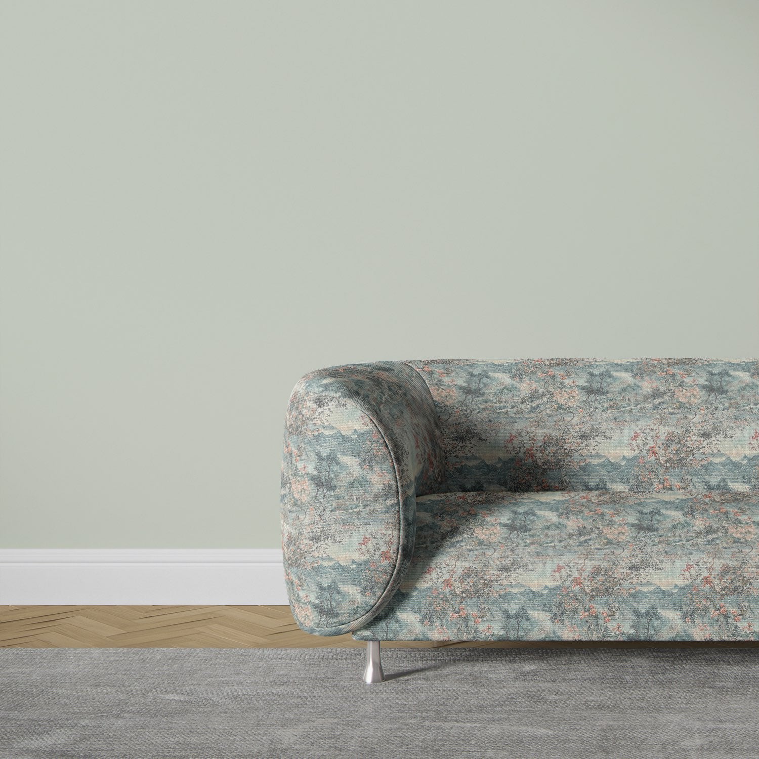 Upholstery fabric on modern curved sofa – Scenic No.11 in pale teal with blush floral accents