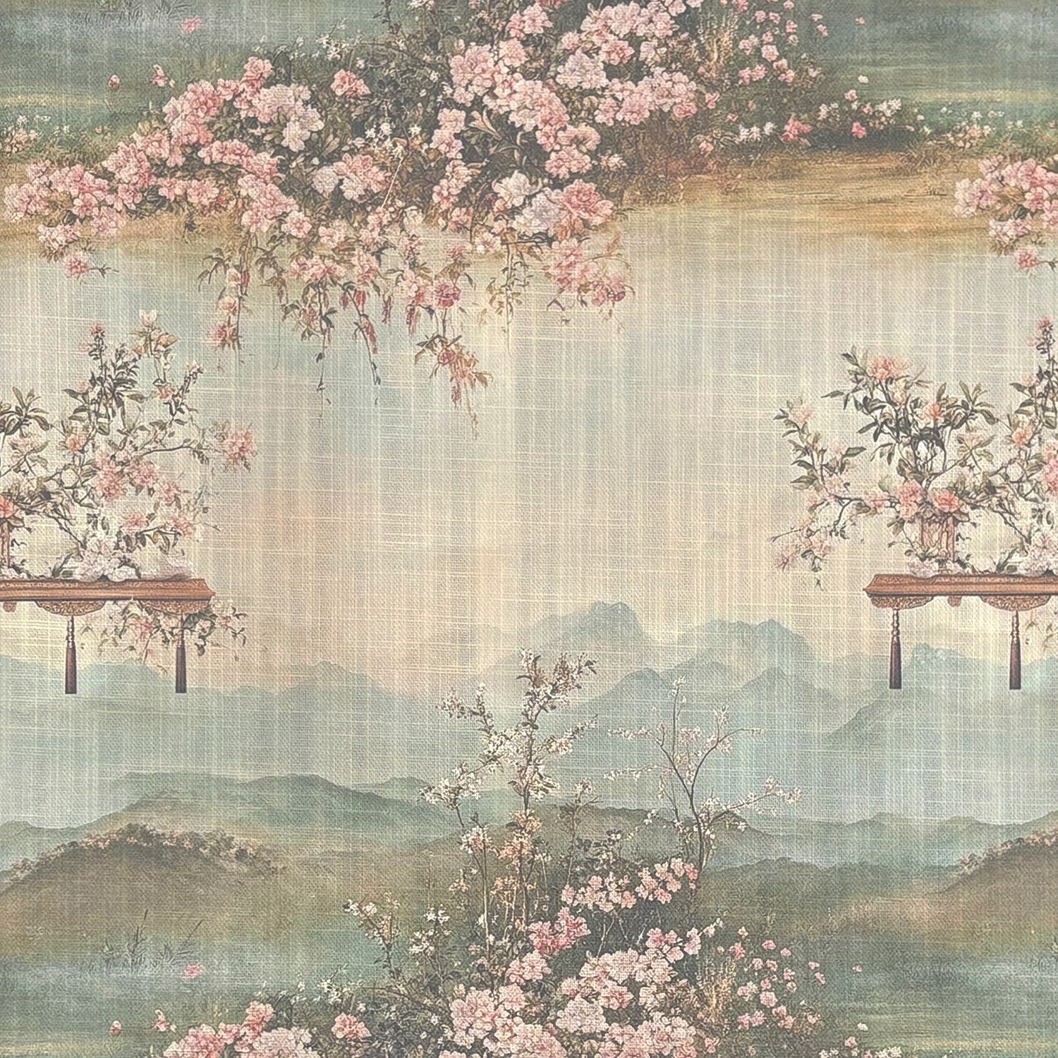 Flat lay of Scenic No.12 upholstery fabric showing pink floral and oriental design