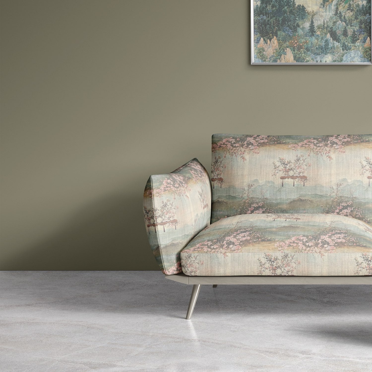 Scenic No.12 upholstery fabric on curved armchair in neutral room with green walls