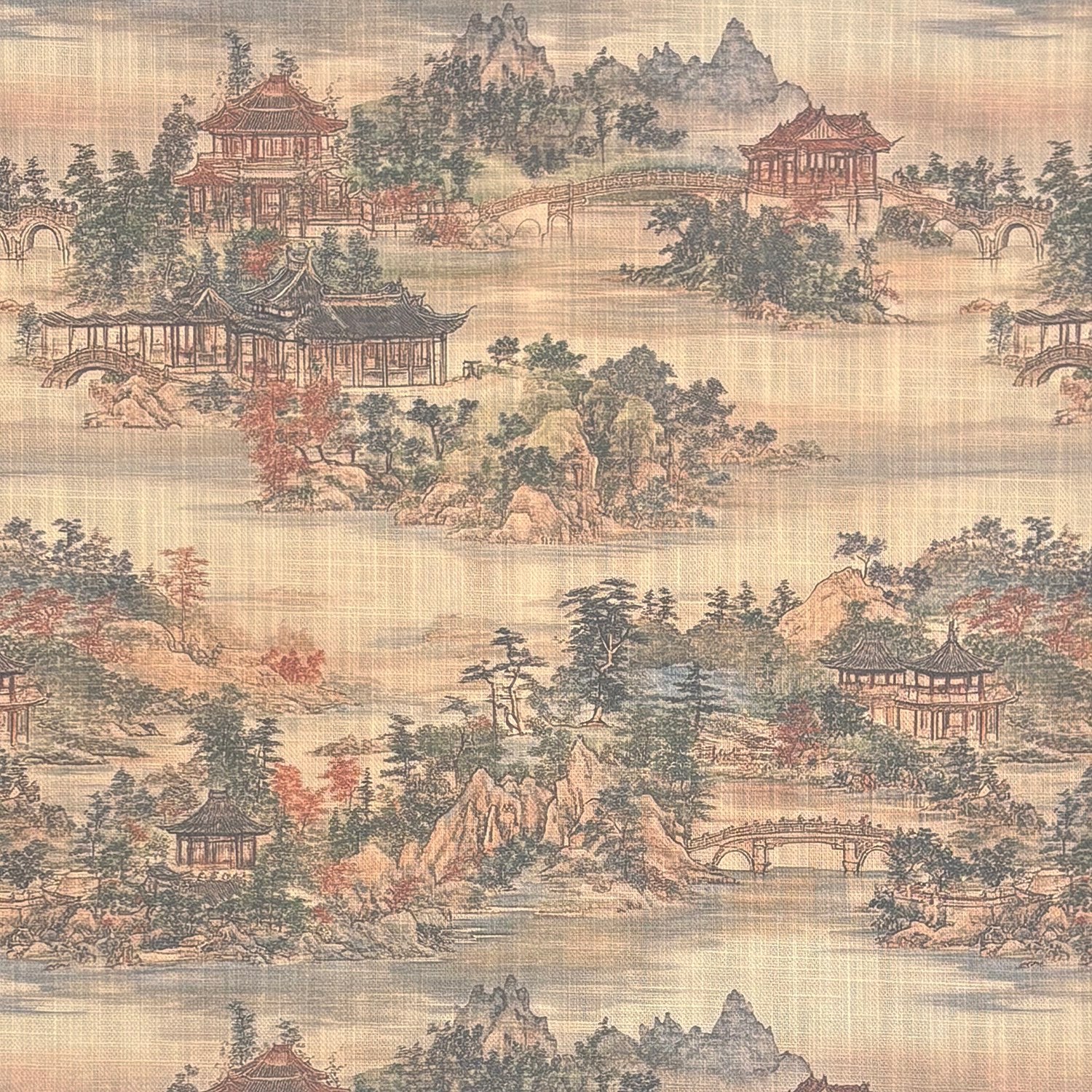 Scenic No.13 linen-blend upholstery fabric with traditional Chinese landscape design – upholstery fabric