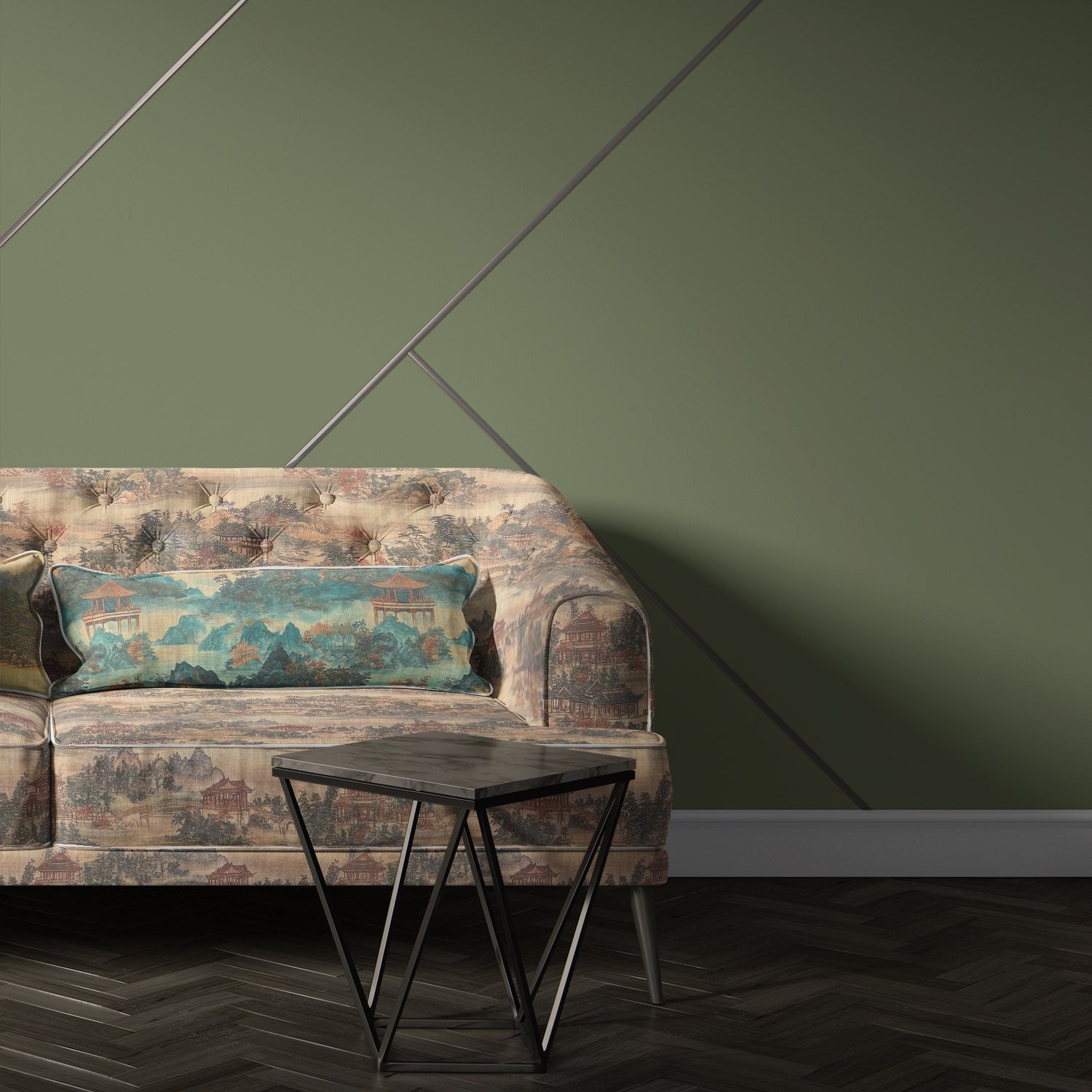Scenic No.13 green and terracotta printed upholstery fabric styled on a sofa – upholstery fabric