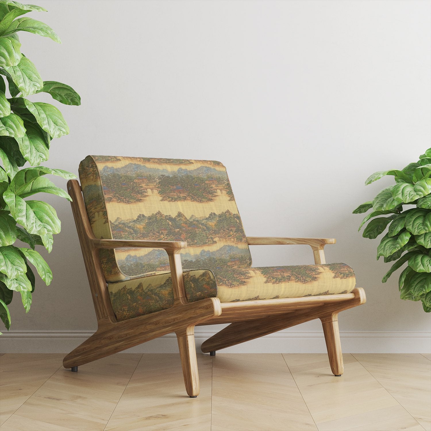 Upholstered chair in Scenic No.14 ochre scenic upholstery fabric with landscape design