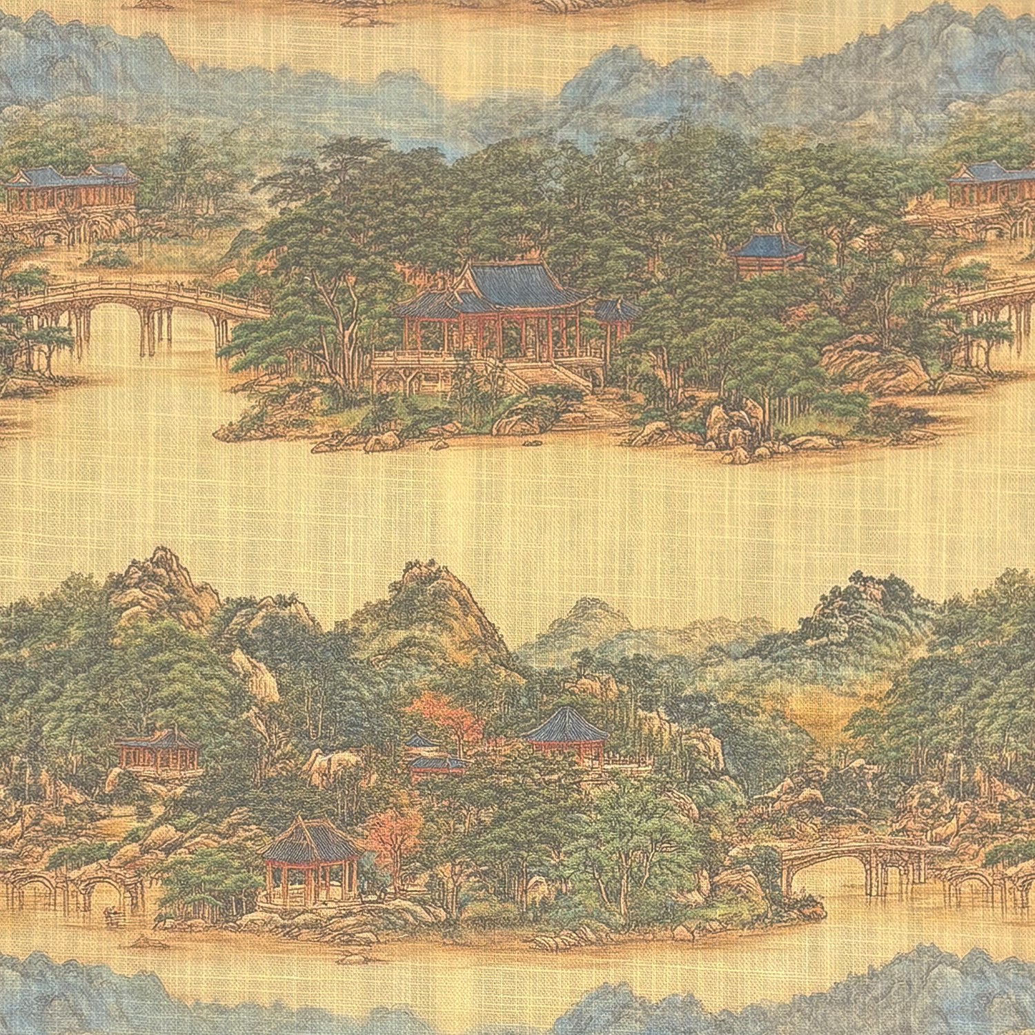 Flat lay of Scenic No.14 upholstery fabric with mustard background and painted pavilions