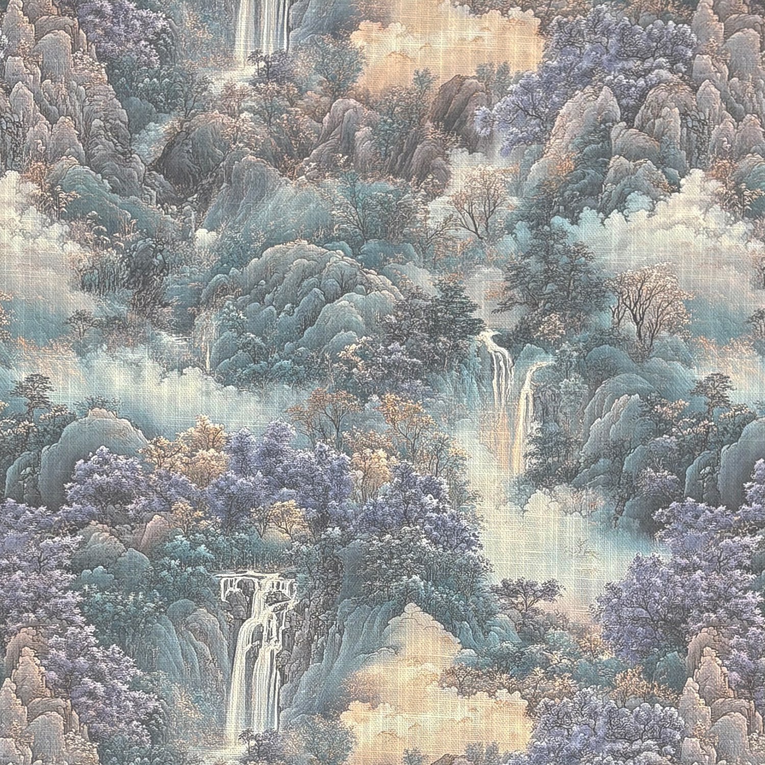 Scenic No.15 upholstery fabric in misty blue with waterfall and mountain landscape pattern – flat lay