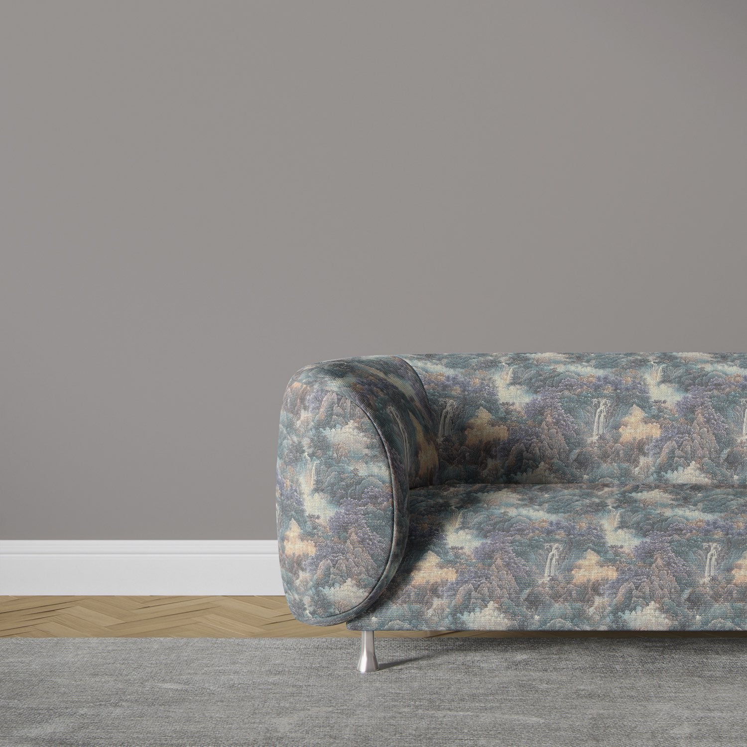 Scenic No.15 upholstery fabric on curved sofa in soft blue and lilac hues – in-situ roomset
