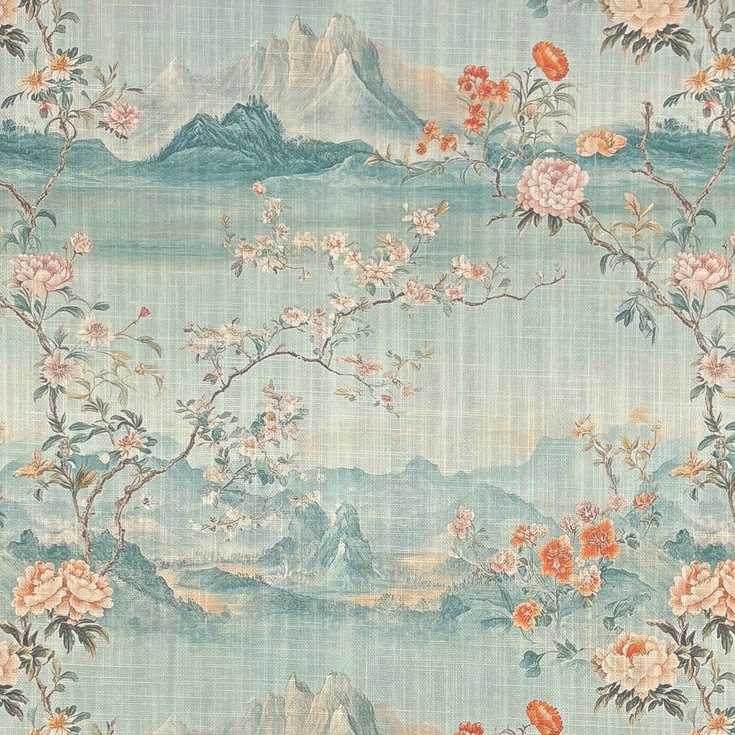 Scenic No.16 blue and coral chinoiserie pattern upholstery fabric – flat image
