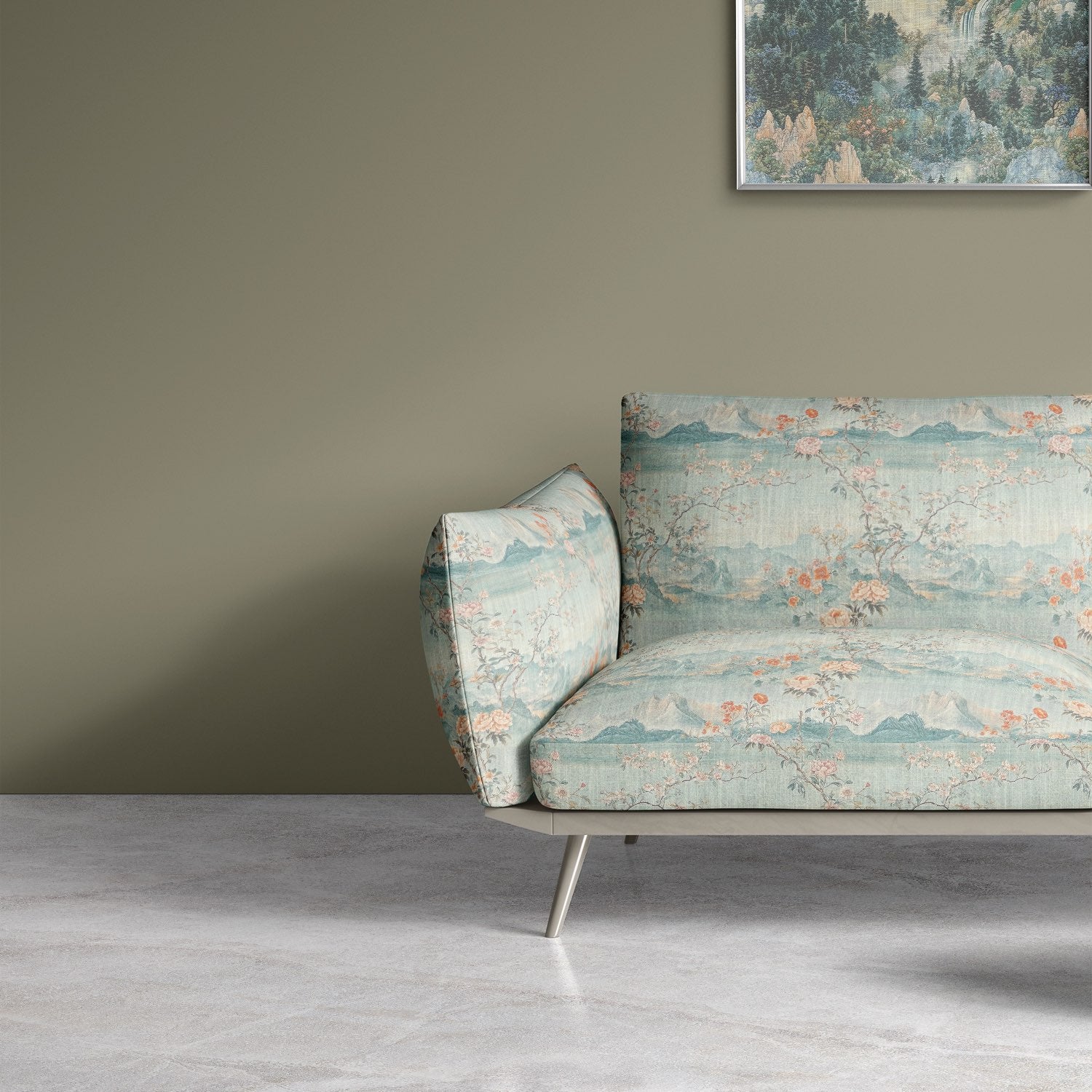 Scenic No.16 scenic landscape upholstery fabric on a curved sofa – blue and coral tones