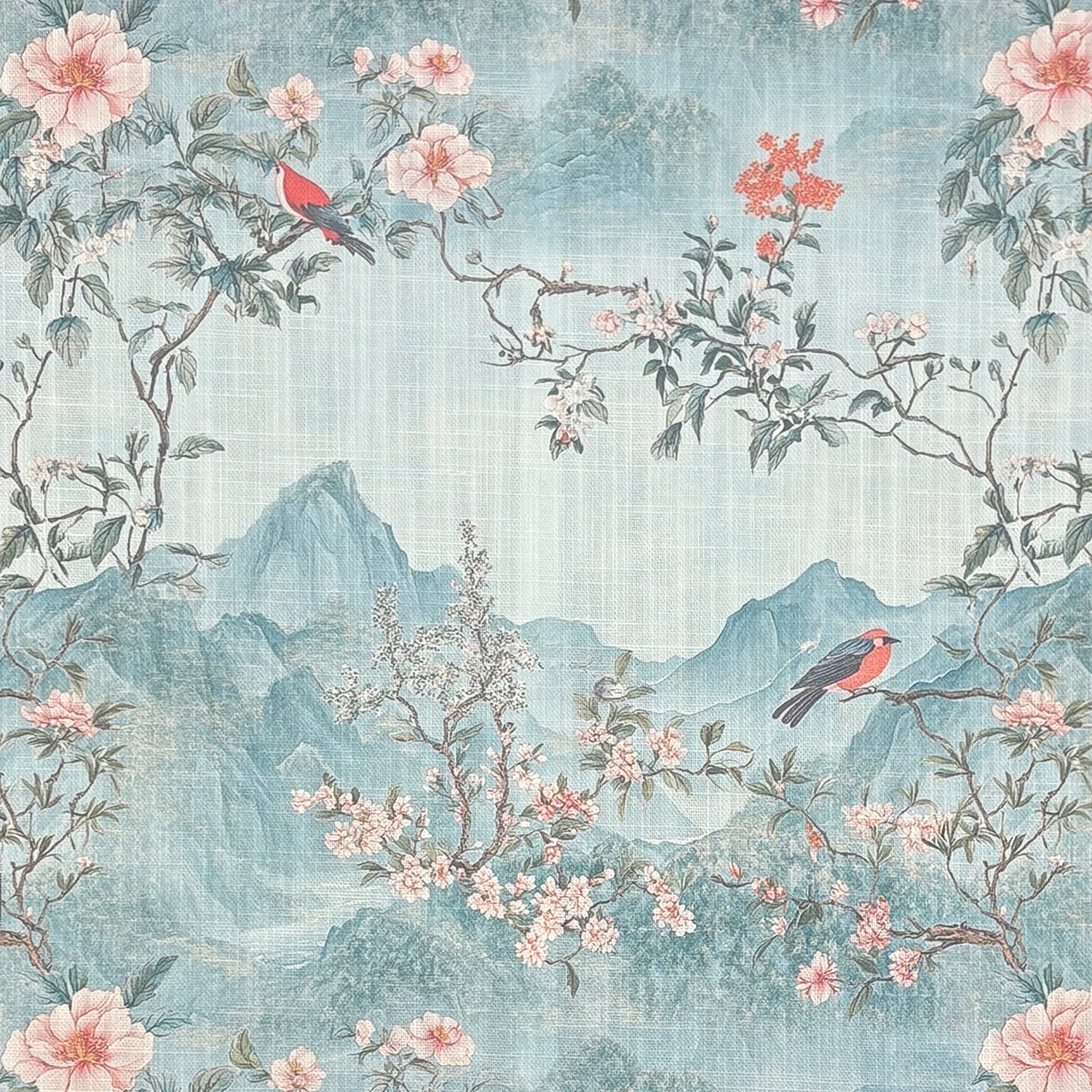  Scenic No.17 landscape design blue floral bird print upholstery fabric