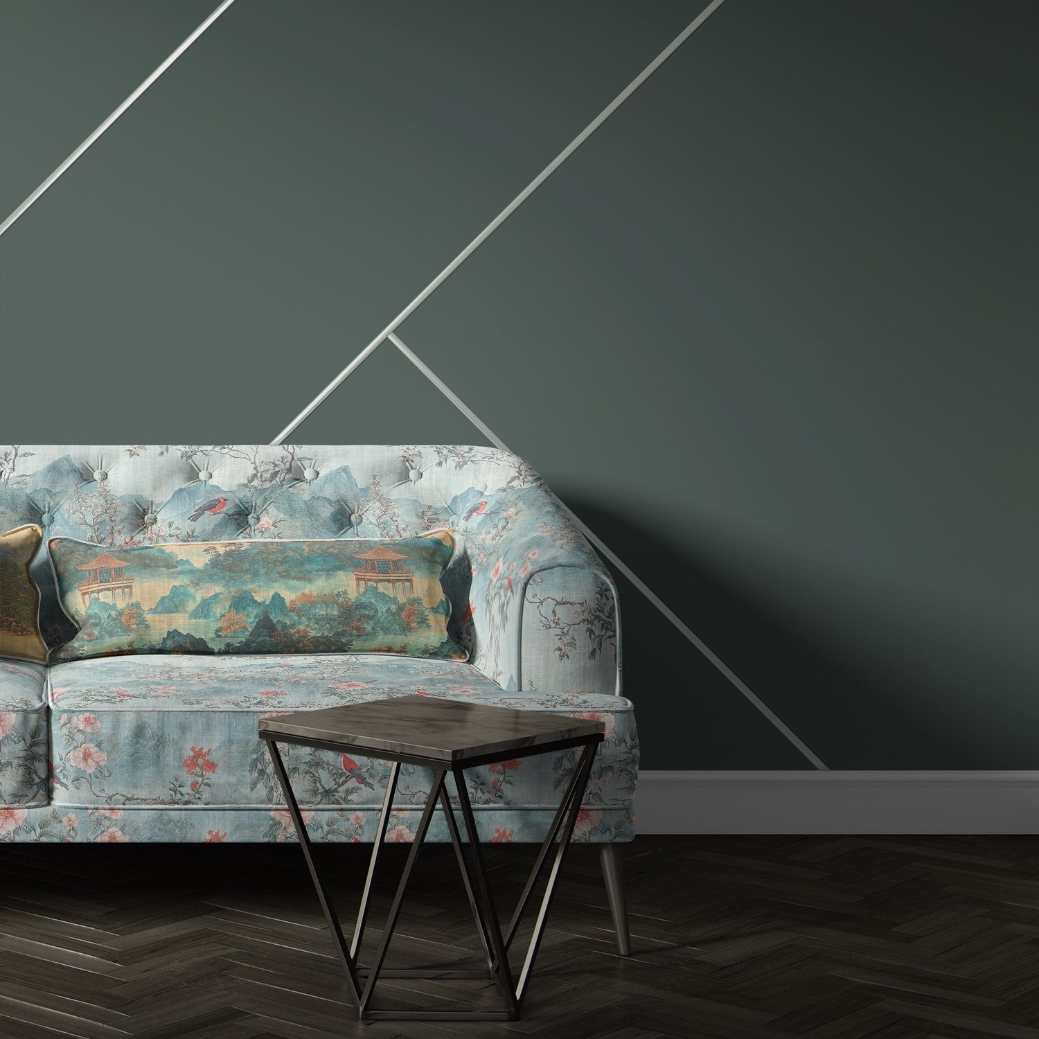 Scenic No.17 sofa showing blue upholstery fabric with red birds and florals