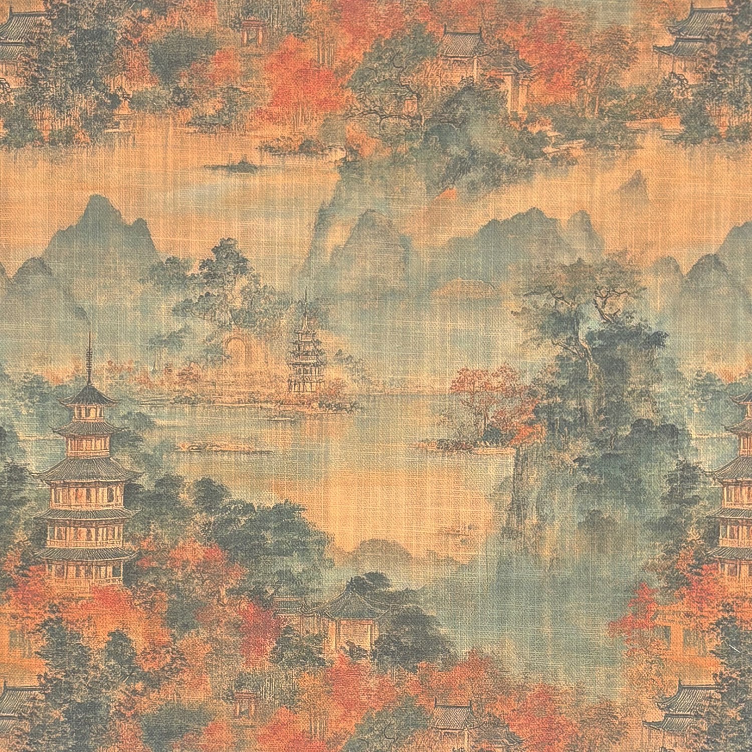 Close-up of Scenic No.19 upholstery fabric showing rust-orange, teal, and ochre landscape with Eastern-style pagodas – upholstery fabric.