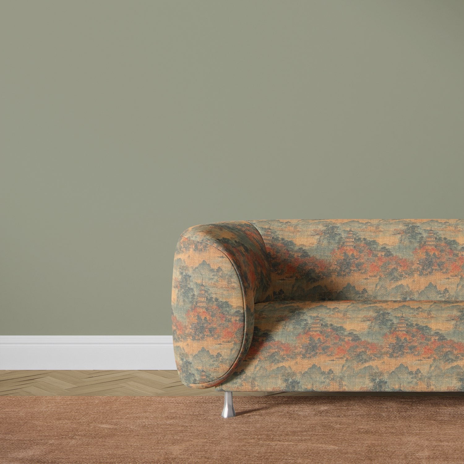Sofa upholstered in Scenic No.19 fabric featuring a detailed scenic design in orange, ochre, and teal – upholstery fabric.