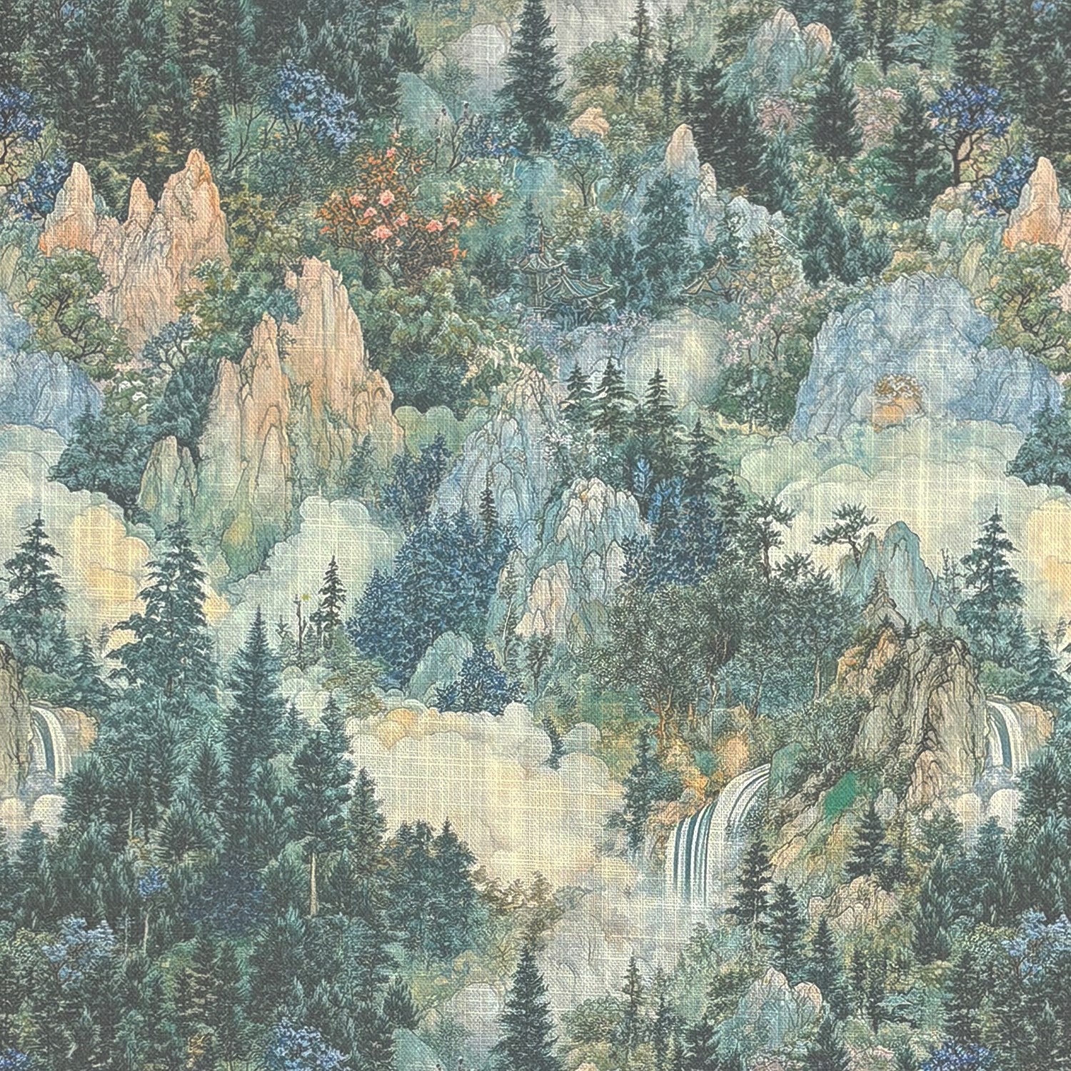 Flat lay of Scenic No.1 upholstery fabric showing forested landscape and waterfalls
