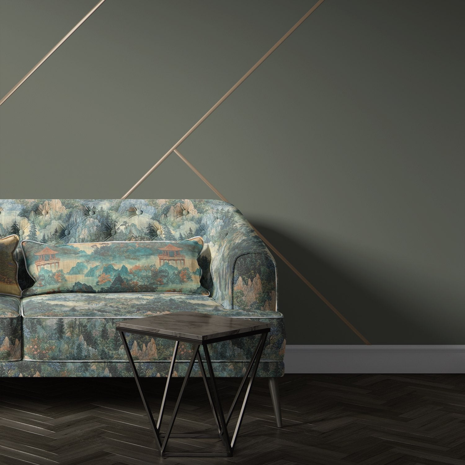 Scenic No.1 upholstery fabric on sofa with green mountains and pagoda design