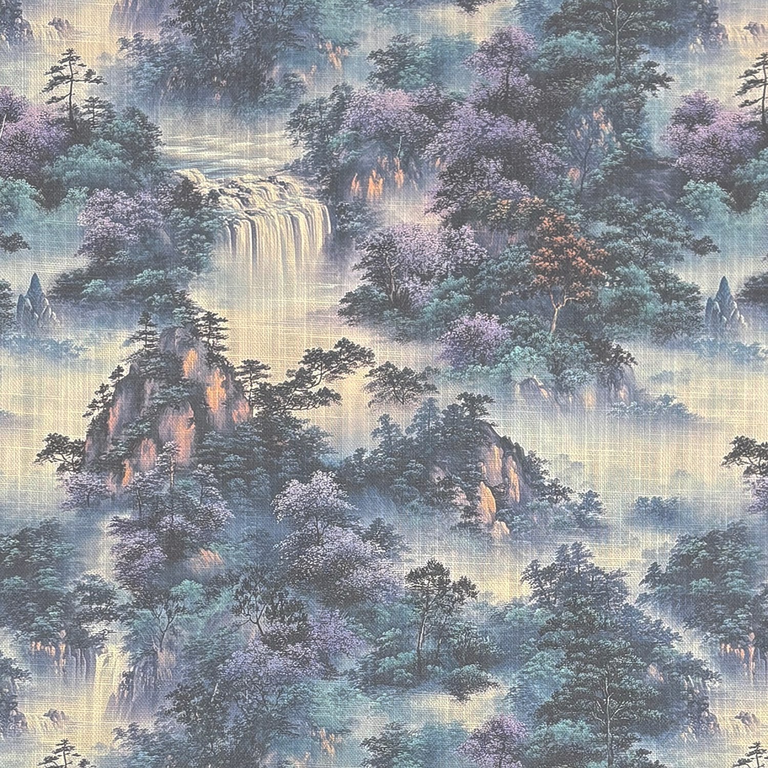 Flat image of Scenic No.20 scenic upholstery fabric in blue and purple tones