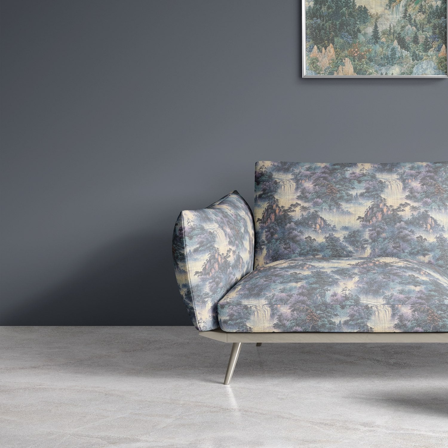 Scenic No.20 upholstery fabric on sofa showing misty mountain design in blue