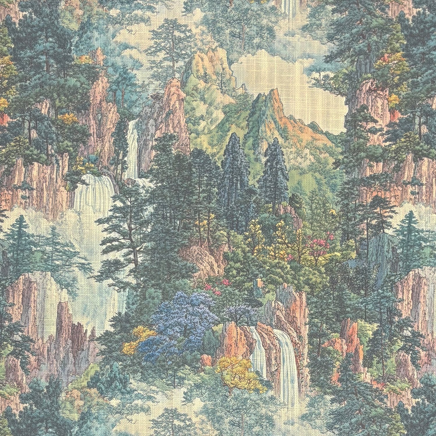 Flat image of Scenic No.2 multicoloured scenic upholstery fabric with trees, waterfalls, and mountain landscape