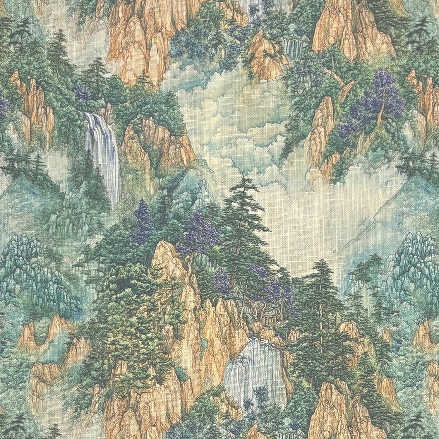 Flat lay of Scenic No.3 green scenic upholstery fabric with waterfalls and pine trees
