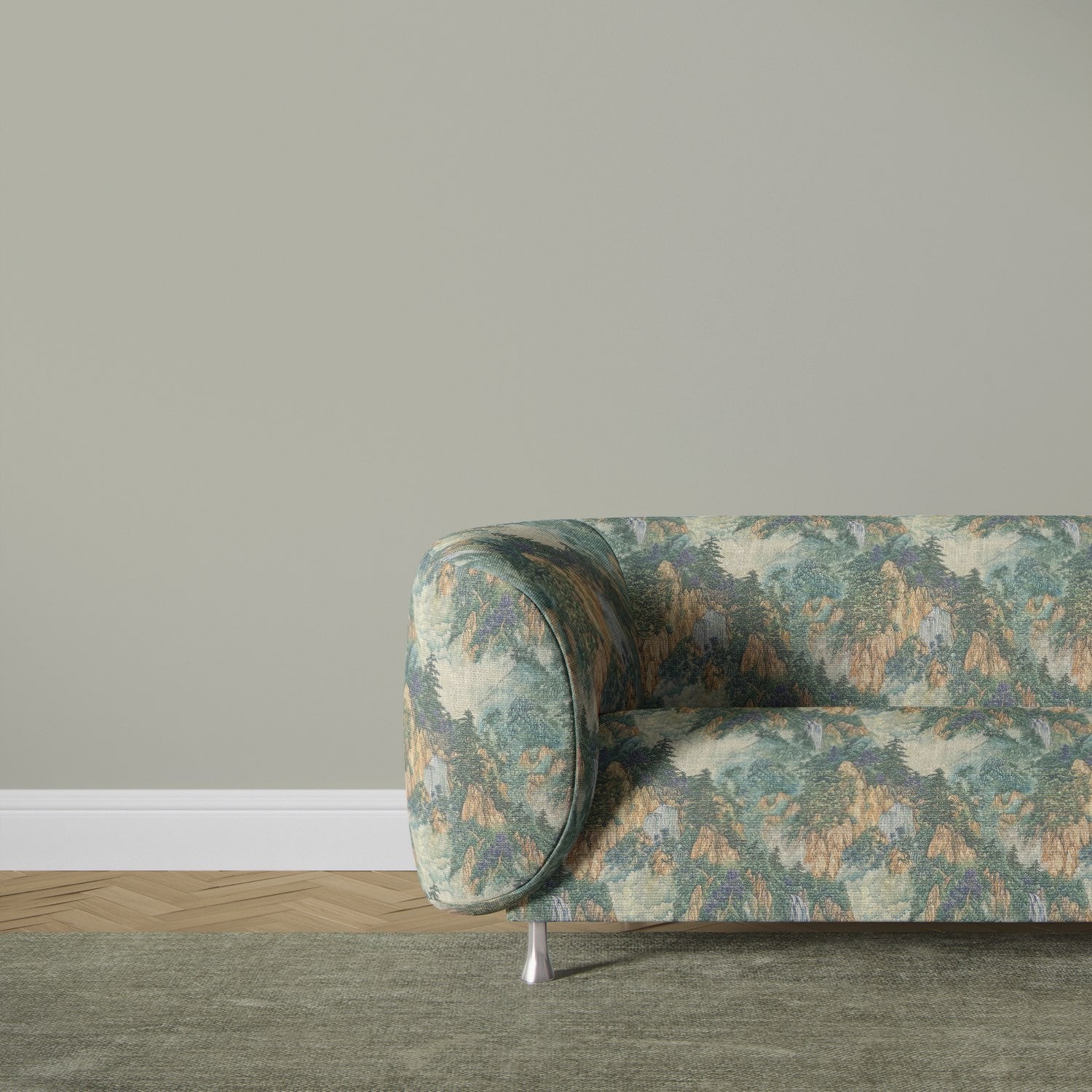 Scenic No.3 green scenic upholstery fabric on curved sofa in contemporary room
