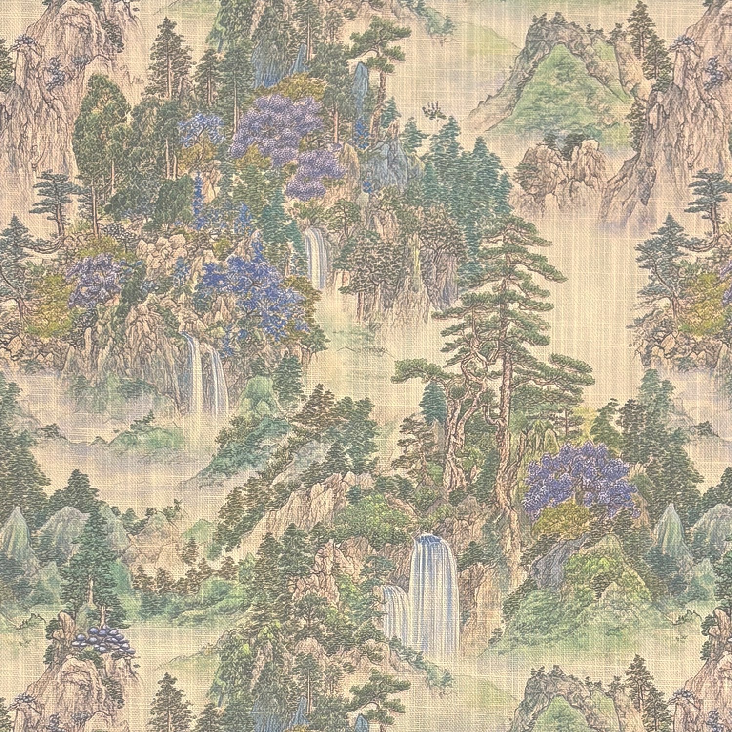 Scenic No.4 – beige and lavender scenic upholstery fabric with mountains and waterfalls