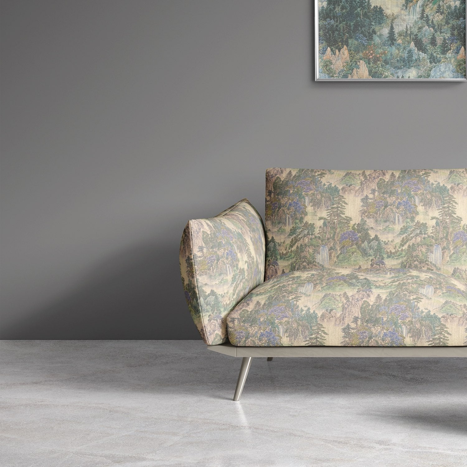 Scenic No.4 scenic upholstery fabric used on mid-century modern sofa
