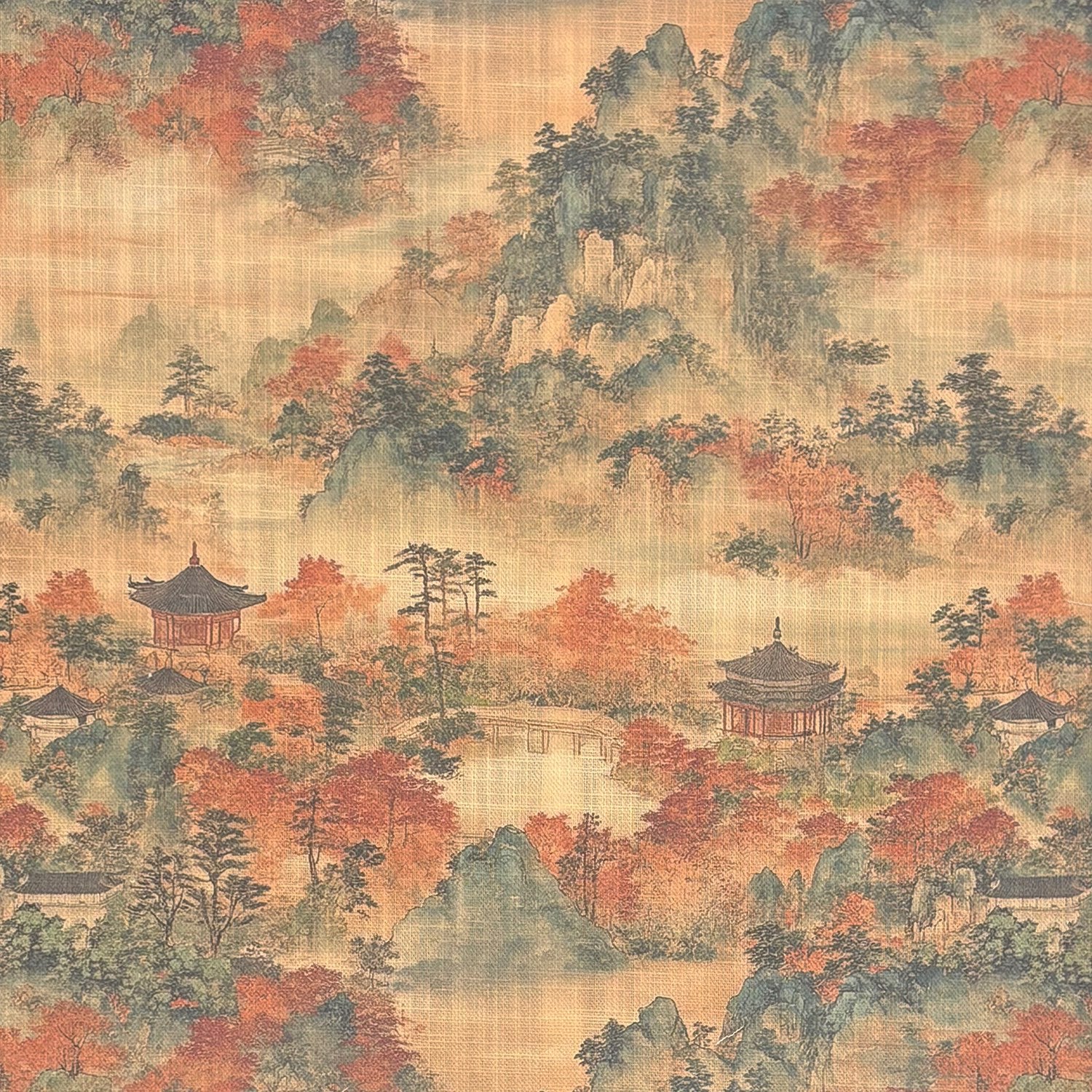 Flat fabric swatch of Scenic Upholstery Fabric No.5 with autumnal landscape design – upholstery fabric.