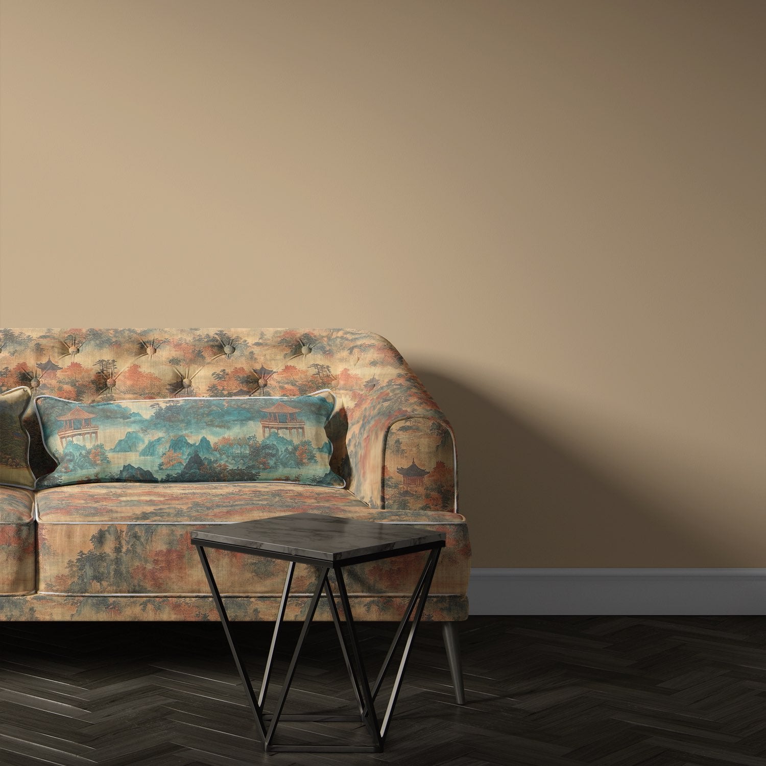 Scenic Upholstery Fabric No.5 used on a sofa with a warm-toned setting – upholstery fabric.