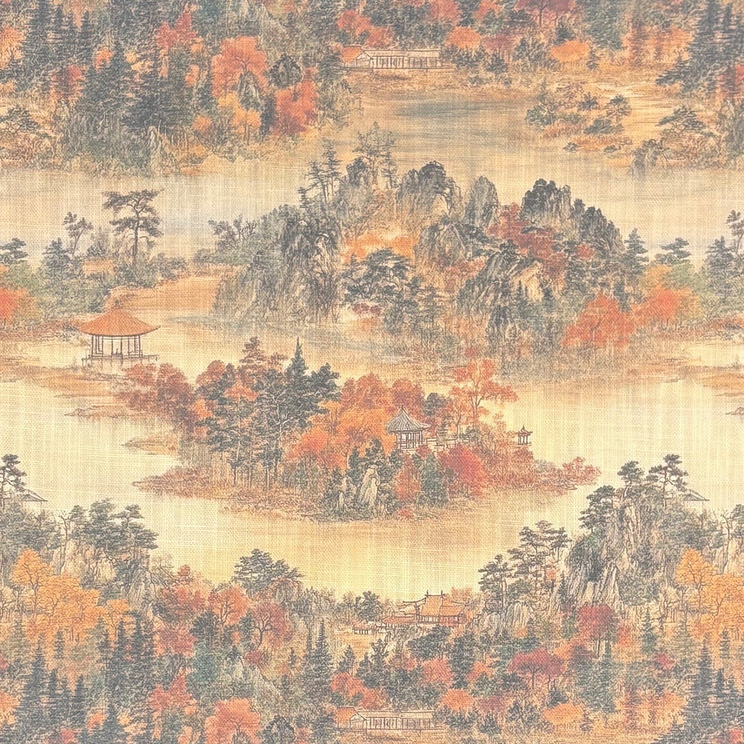 Flat lay of Scenic No.6 upholstery fabric showing painted hills, temples, and orange foliage
