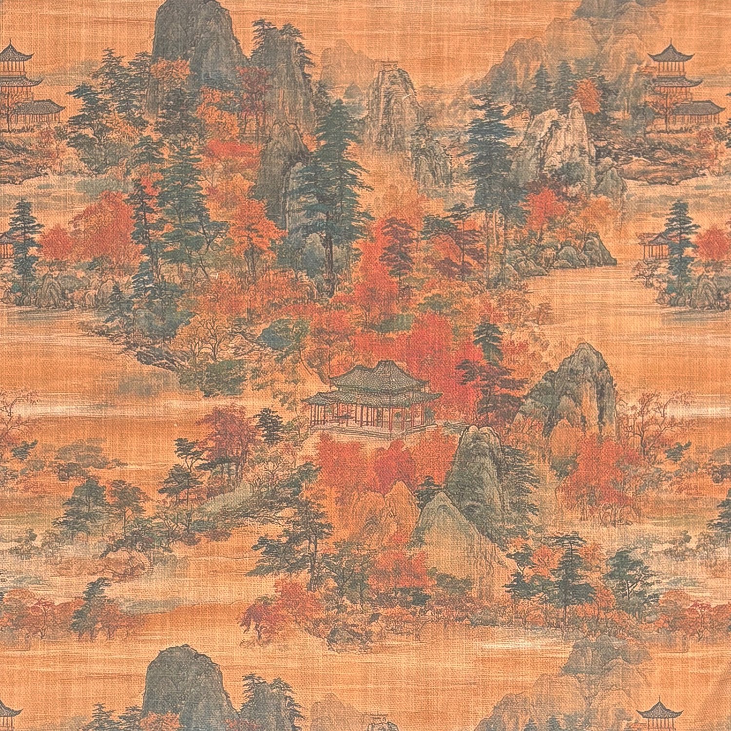 Scenic Upholstery Fabric No.7 swatch – detailed landscape design on orange base