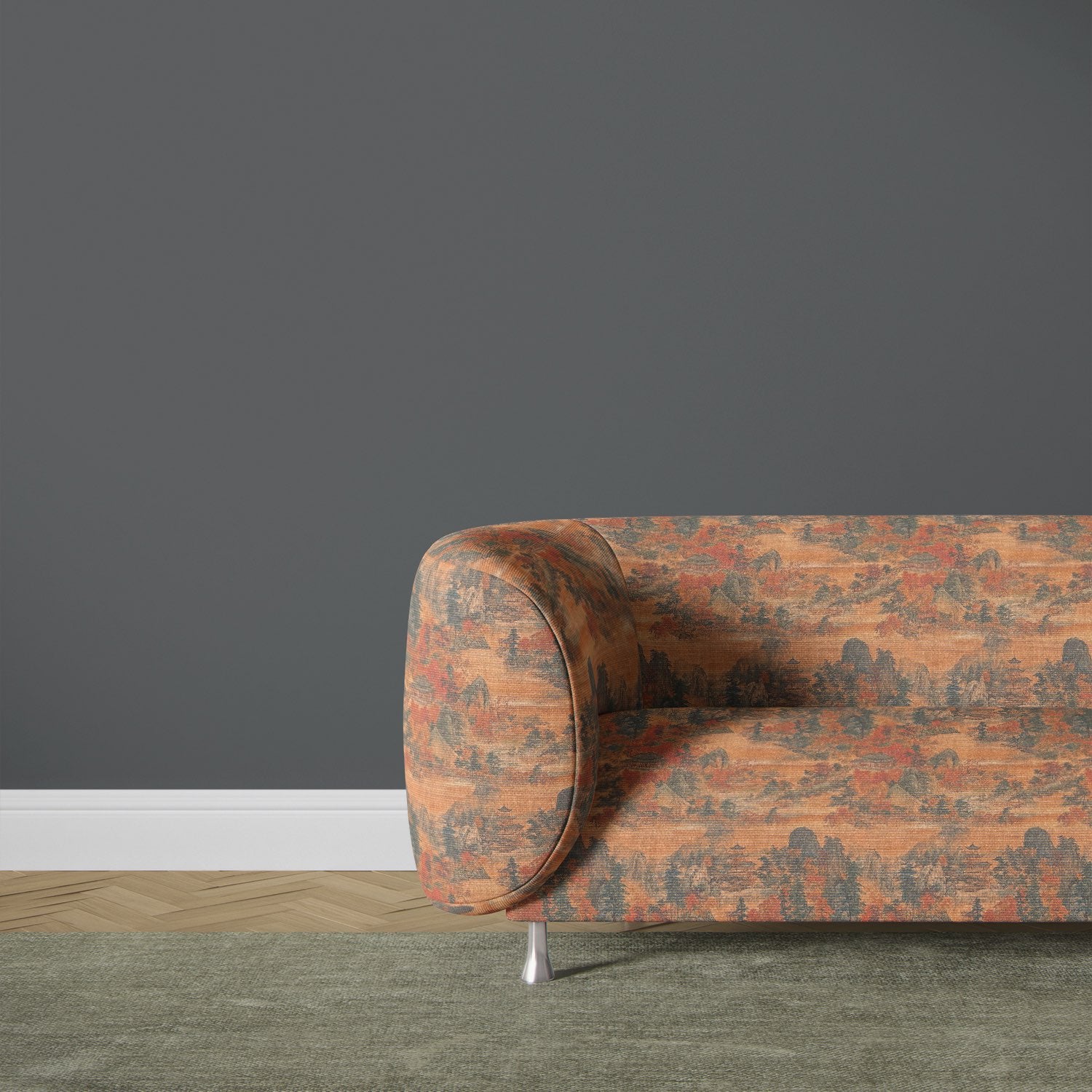 Upholstered sofa in Scenic Upholstery Fabric No.7 – orange scenic upholstery fabric