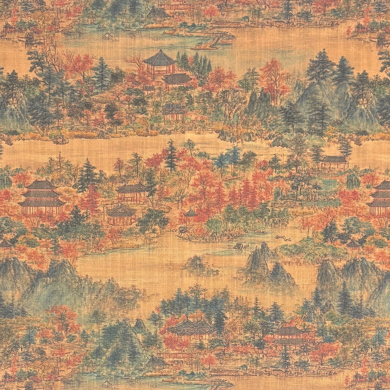 Flat lay of Scenic No.8 multicoloured scenic landscape upholstery fabric with ochre, green, and red tones