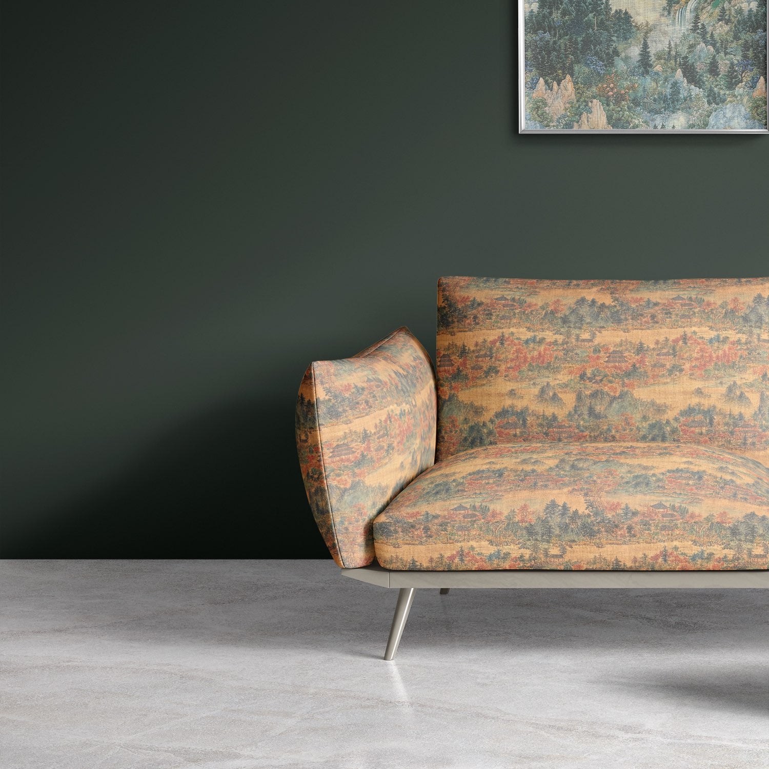 Scenic No.8 upholstery fabric on mid-century sofa in dark green room – multicoloured landscape upholstery fabric